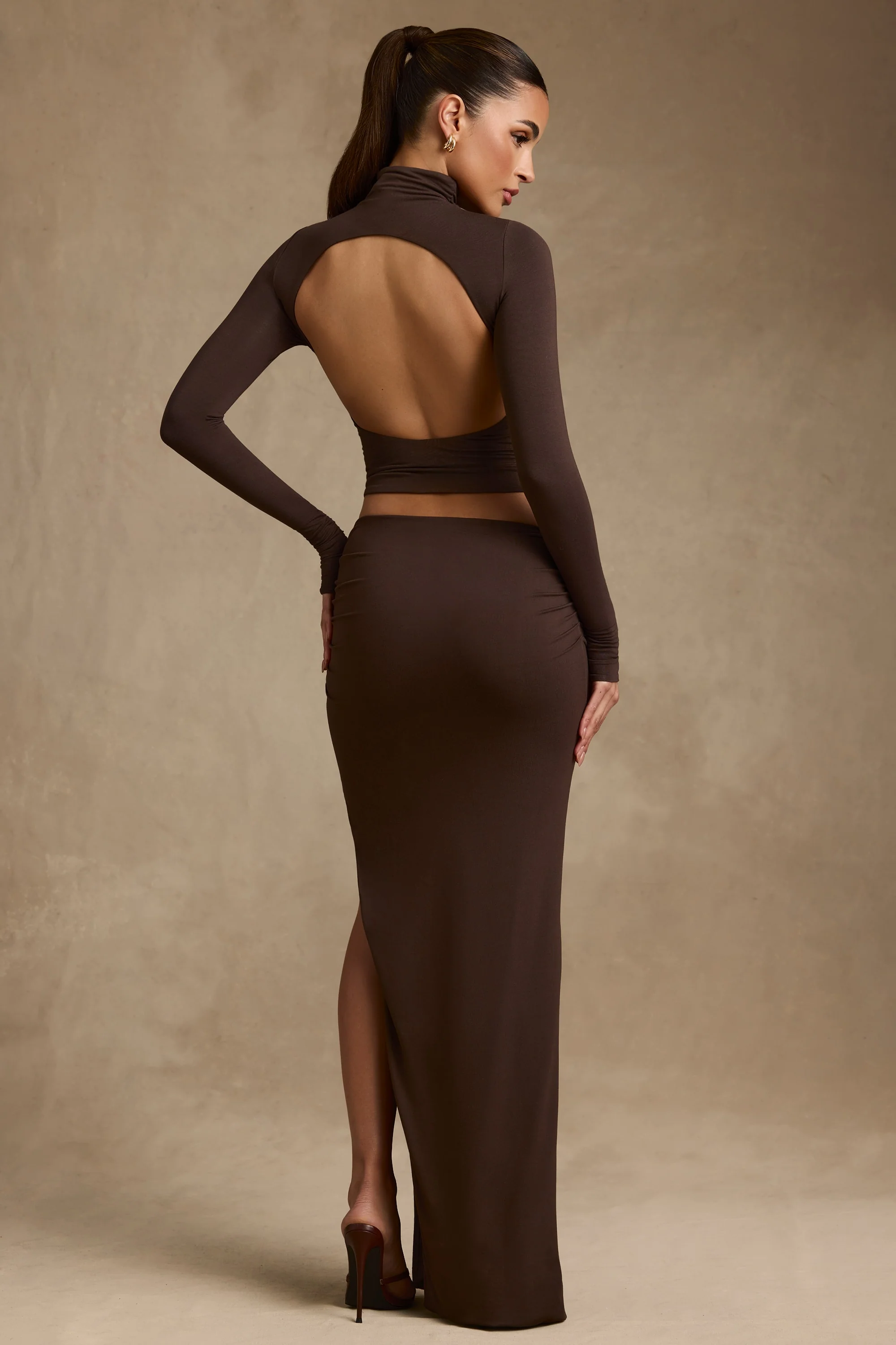 Modal Asymmetric-Waist Maxi Skirt in Chocolate Brown