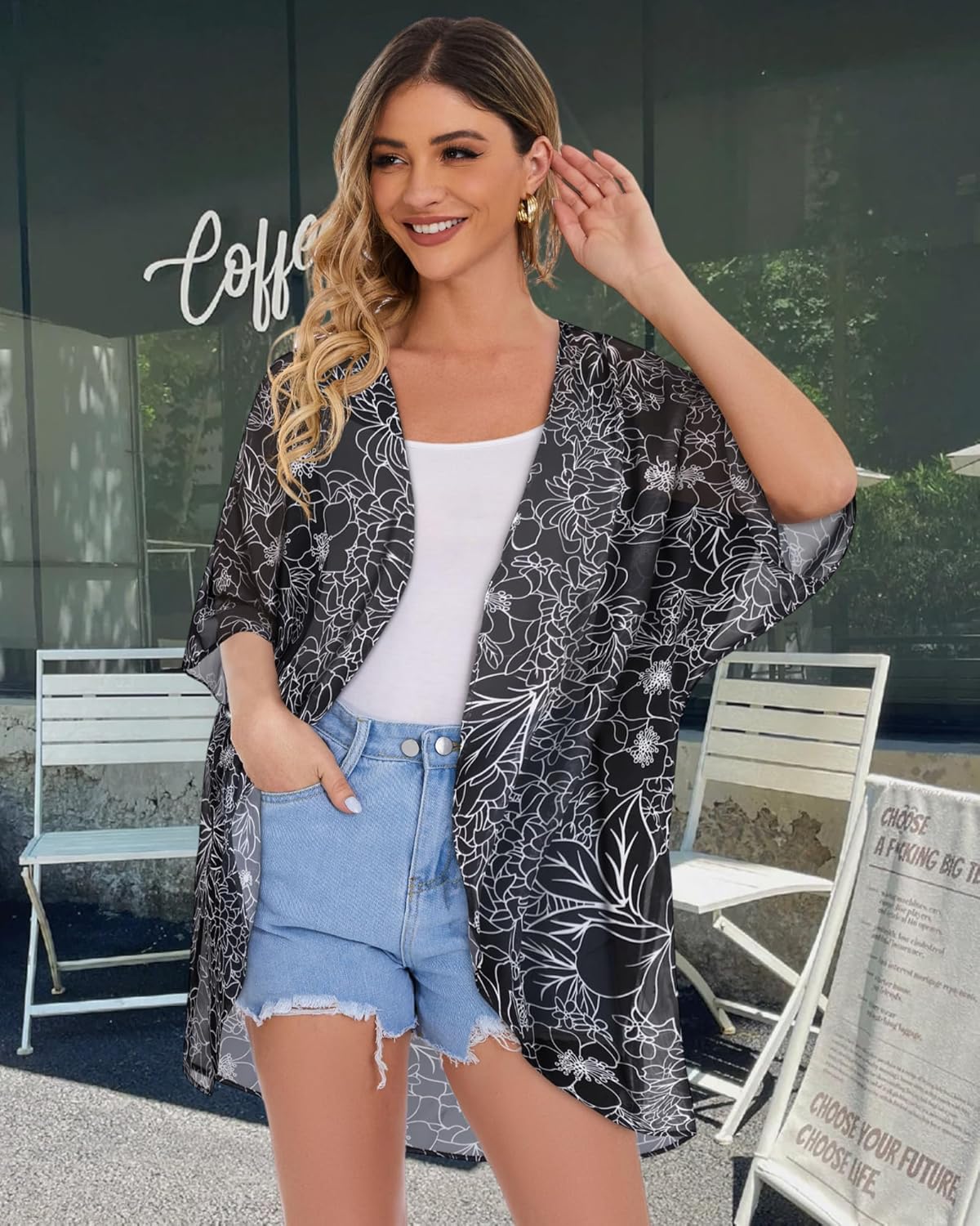Women's Floral Print Puff Sleeve Kimono Cardigan Loose Cover Up Casual Blouse Tops