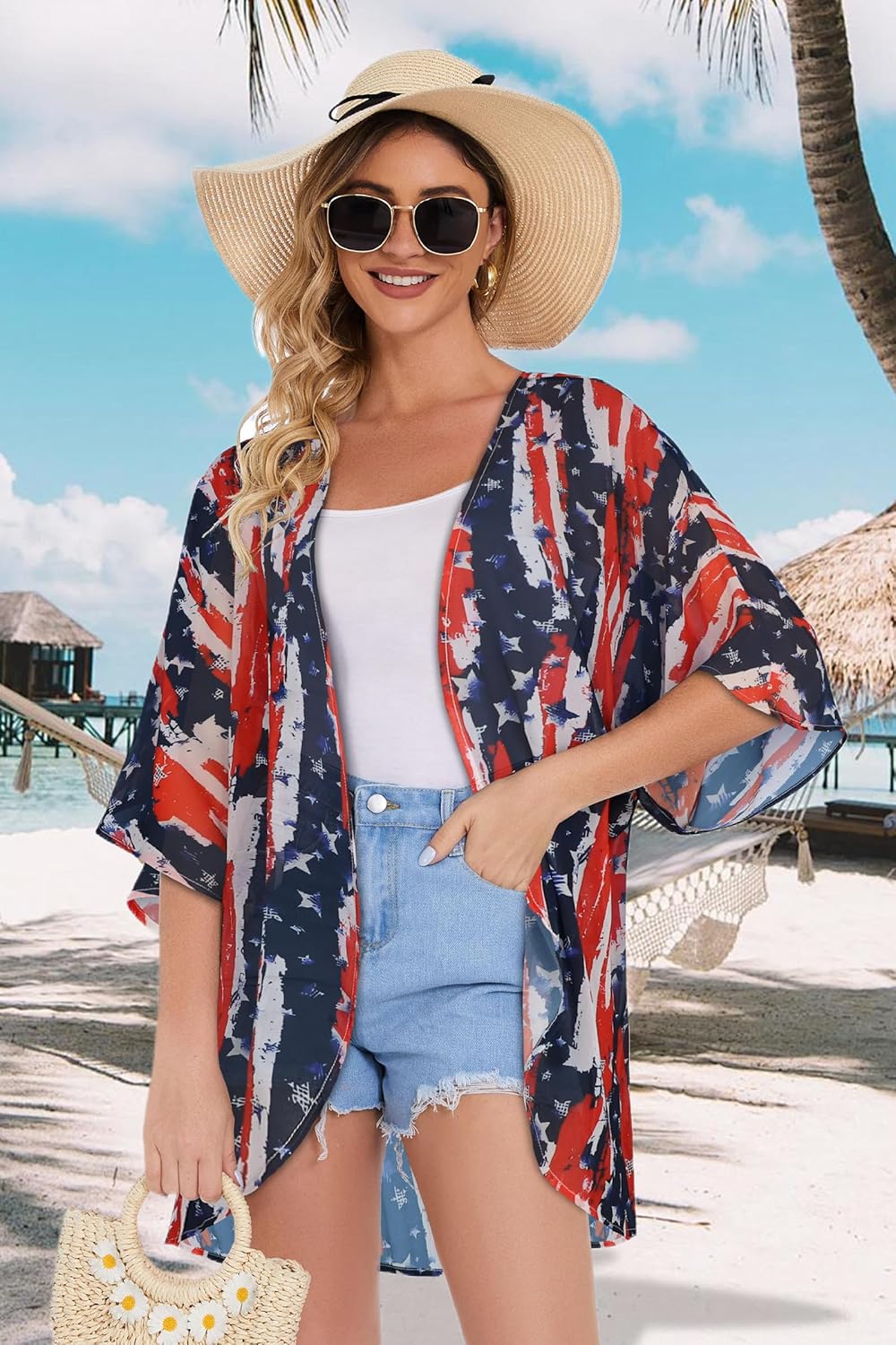 Women's Floral Print Puff Sleeve Kimono Cardigan Loose Cover Up Casual Blouse Tops