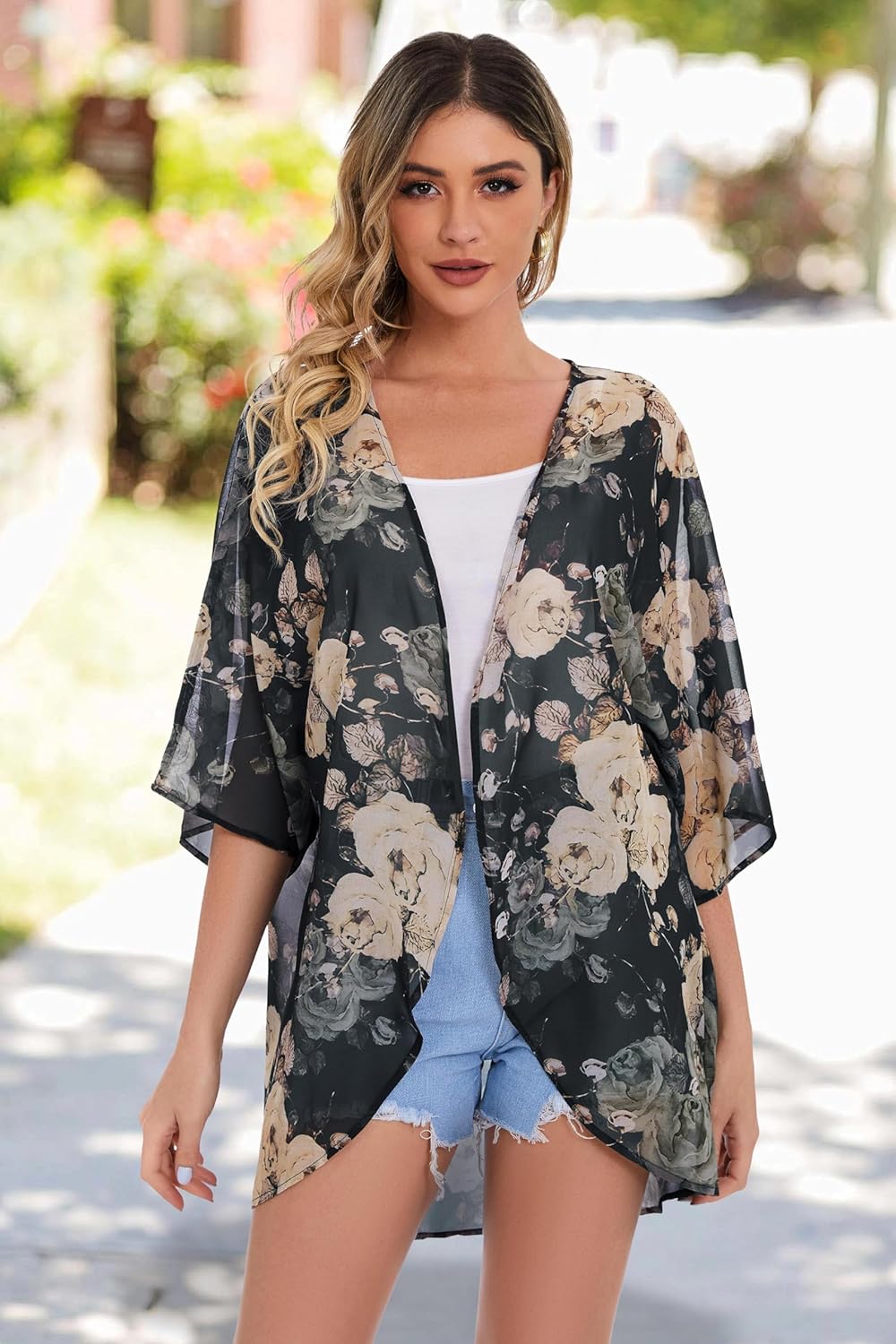 Women's Floral Print Puff Sleeve Kimono Cardigan Loose Cover Up Casual Blouse Tops