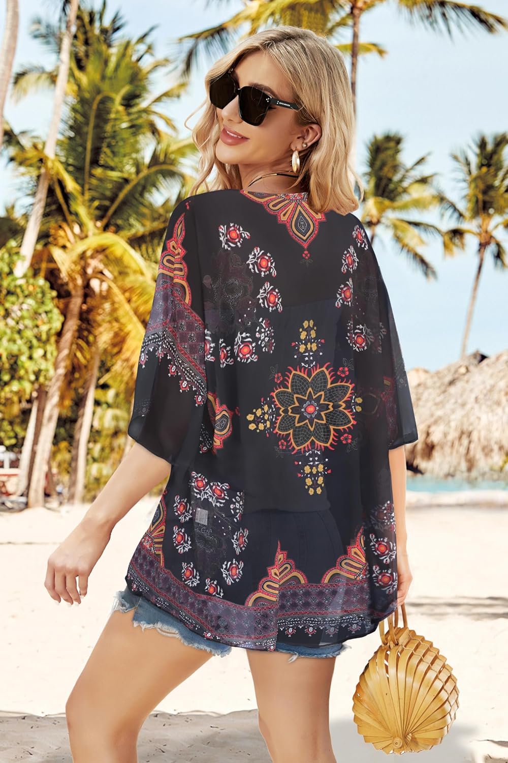Women's Floral Print Puff Sleeve Kimono Cardigan Loose Cover Up Casual Blouse Tops