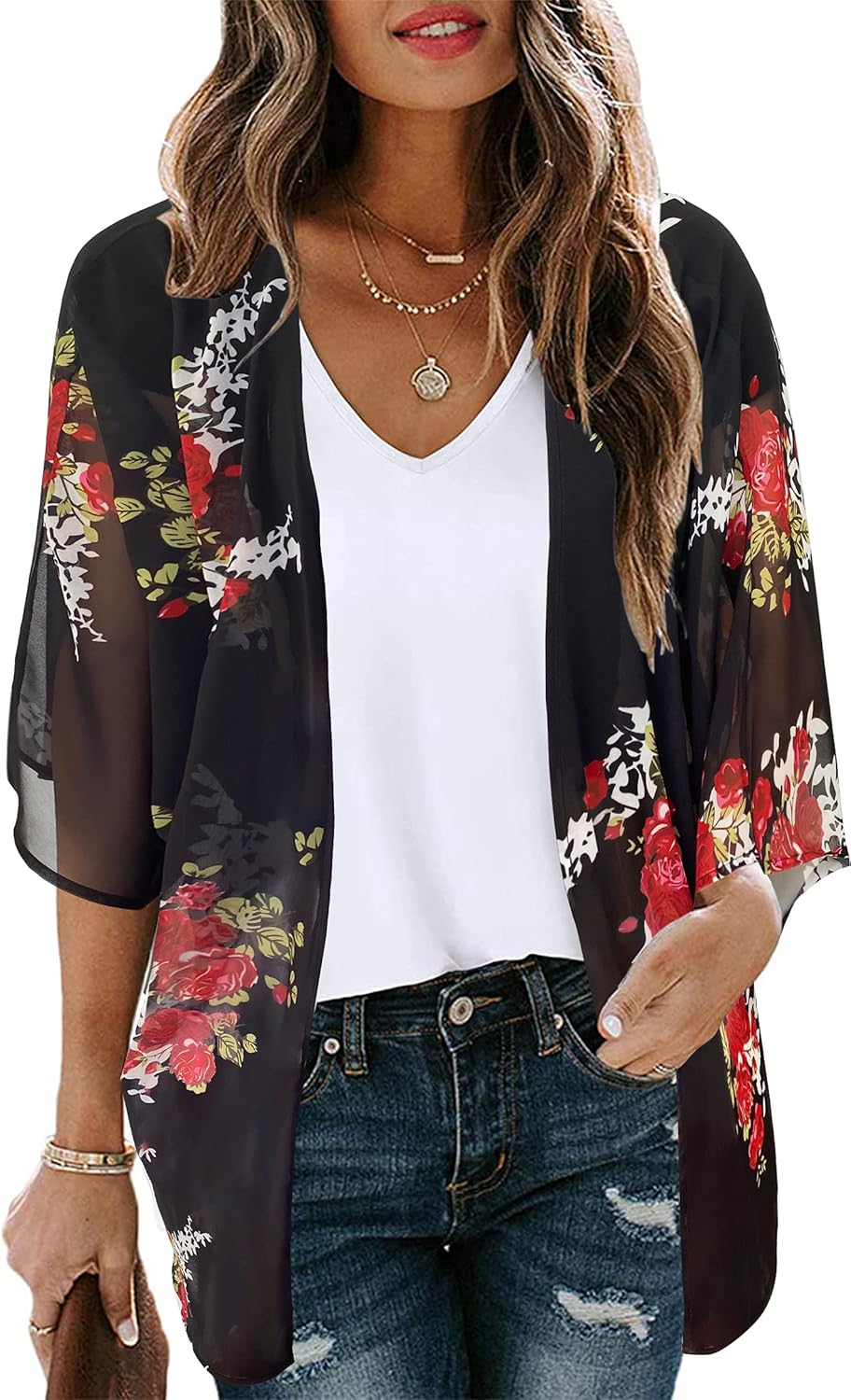 Women's Floral Print Puff Sleeve Kimono Cardigan Loose Cover Up Casual Blouse Tops