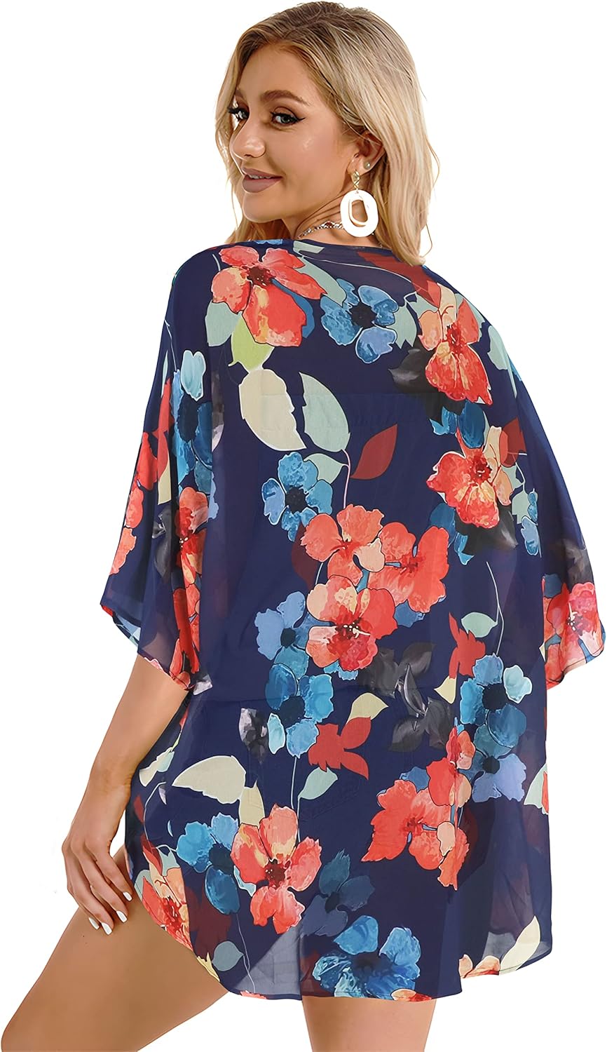 Women's Floral Print Puff Sleeve Kimono Cardigan Loose Cover Up Casual Blouse Tops
