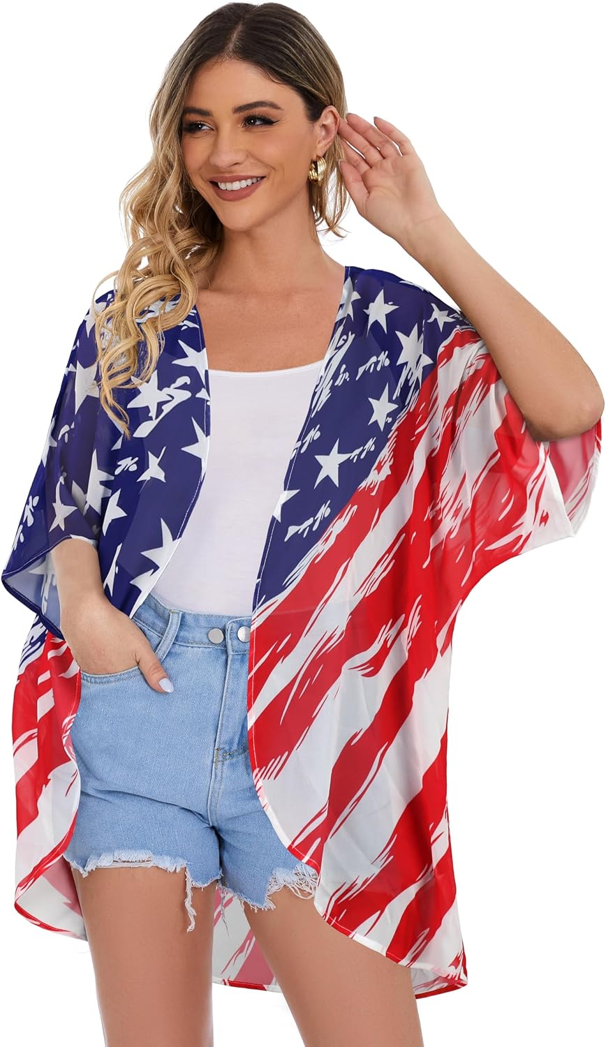 Women's Floral Print Puff Sleeve Kimono Cardigan Loose Cover Up Casual Blouse Tops