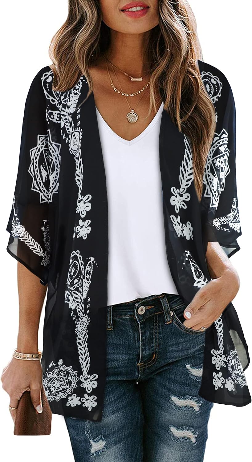 Women's Floral Print Puff Sleeve Kimono Cardigan Loose Cover Up Casual Blouse Tops