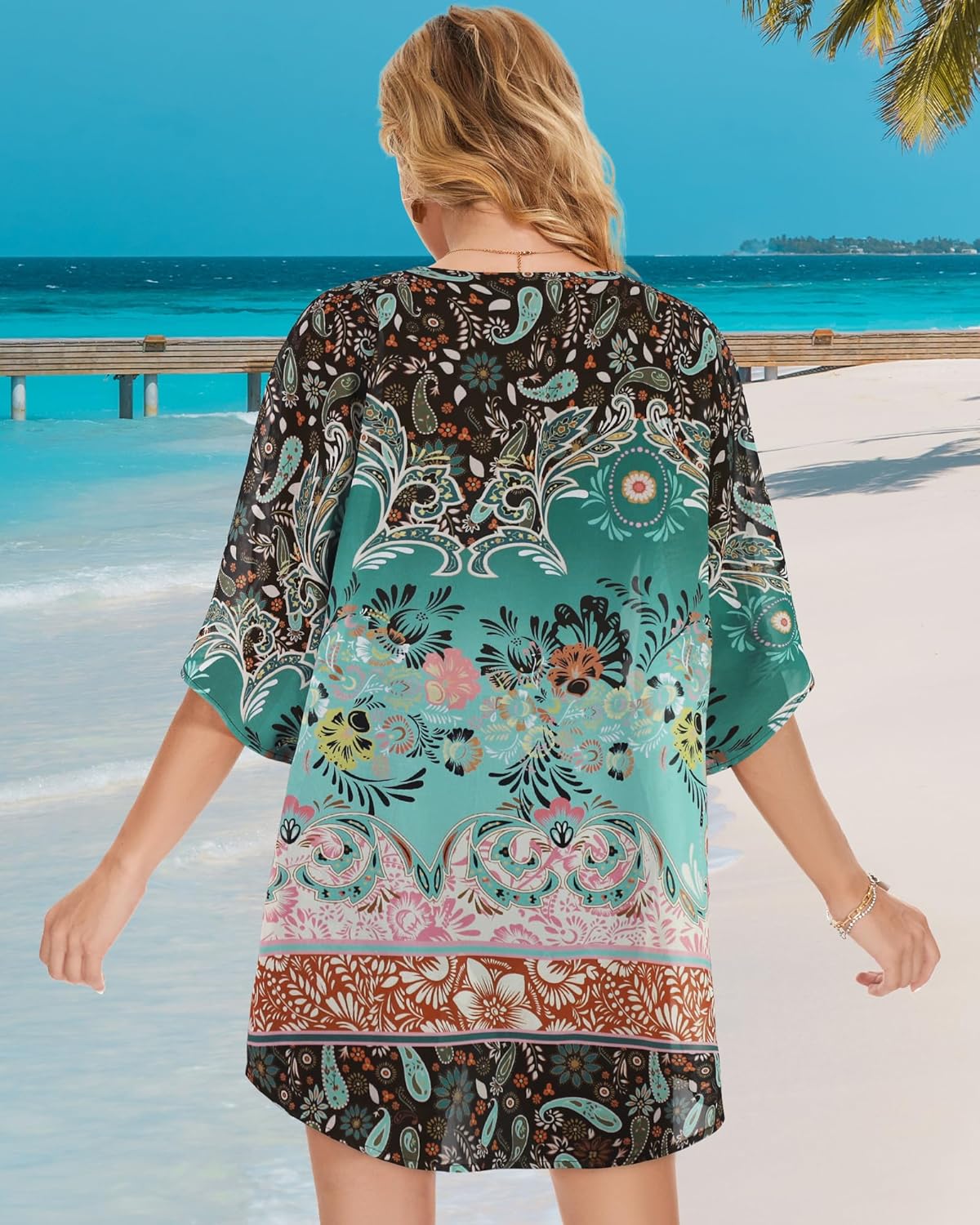 Women's Floral Print Puff Sleeve Kimono Cardigan Loose Cover Up Casual Blouse Tops