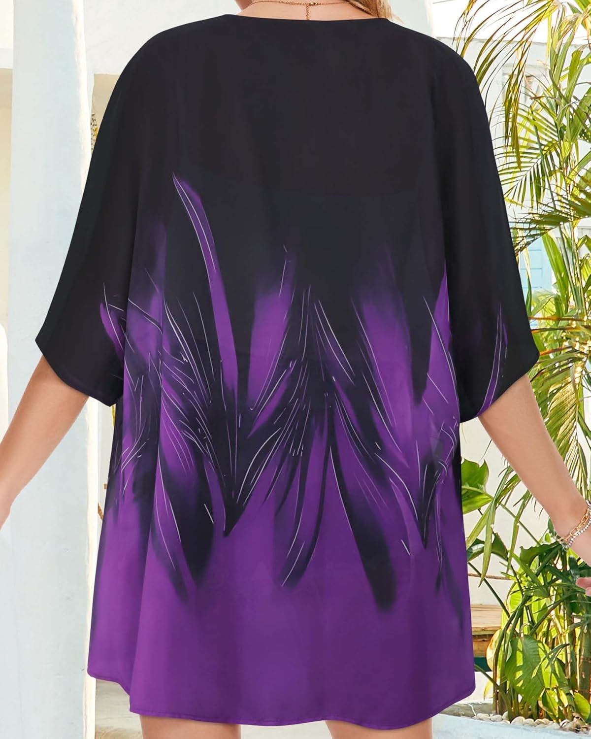 Women's Floral Print Puff Sleeve Kimono Cardigan Loose Cover Up Casual Blouse Tops