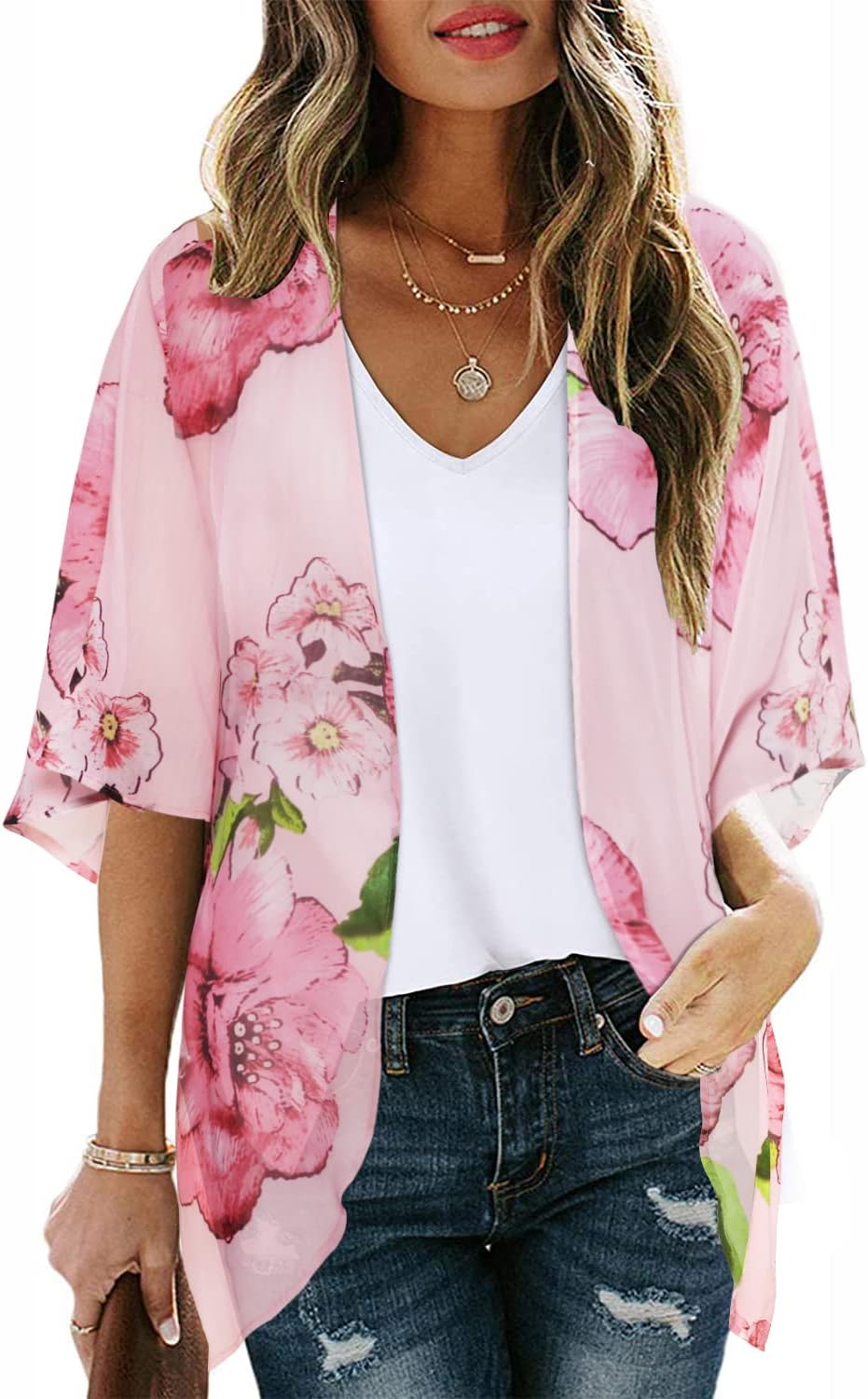 Women's Floral Print Puff Sleeve Kimono Cardigan Loose Cover Up Casual Blouse Tops