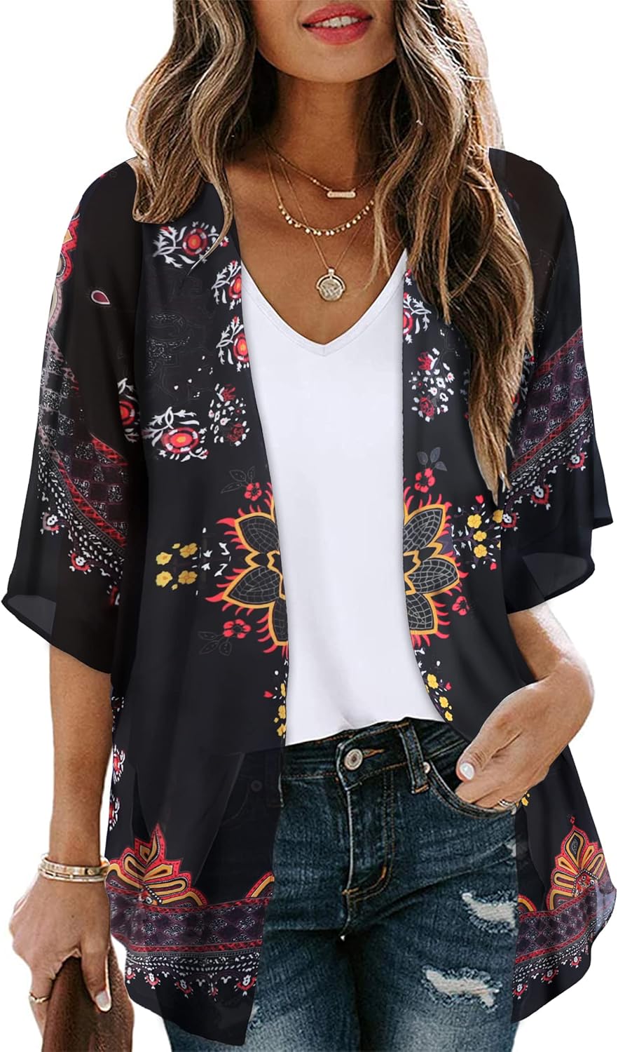Women's Floral Print Puff Sleeve Kimono Cardigan Loose Cover Up Casual Blouse Tops