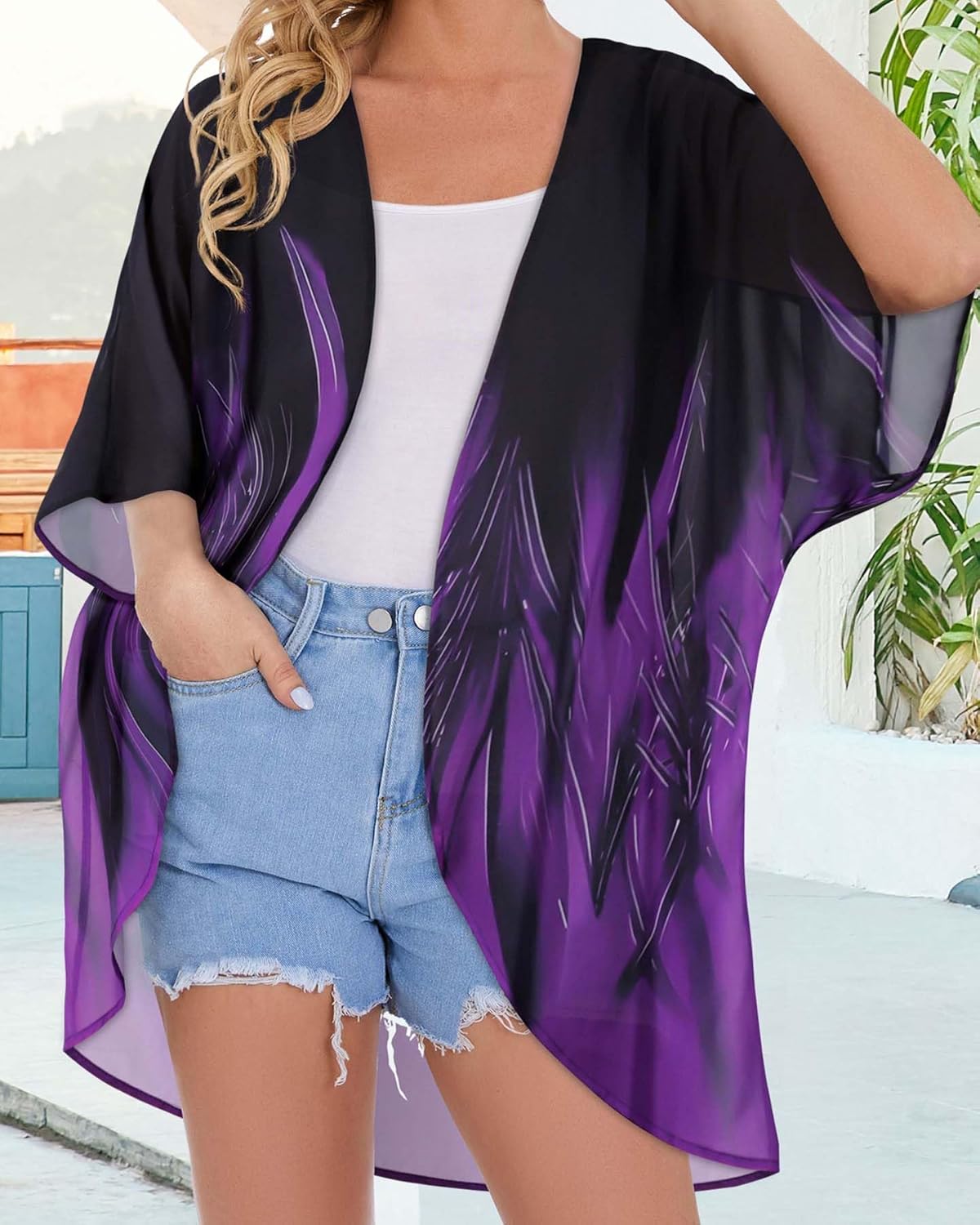 Women's Floral Print Puff Sleeve Kimono Cardigan Loose Cover Up Casual Blouse Tops