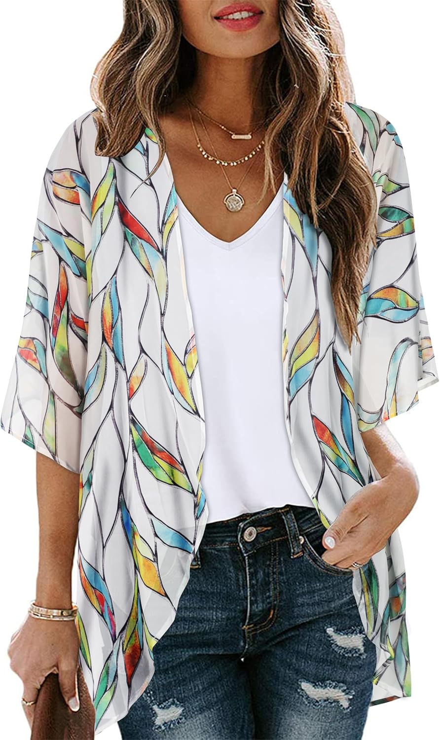 Women's Floral Print Puff Sleeve Kimono Cardigan Loose Cover Up Casual Blouse Tops
