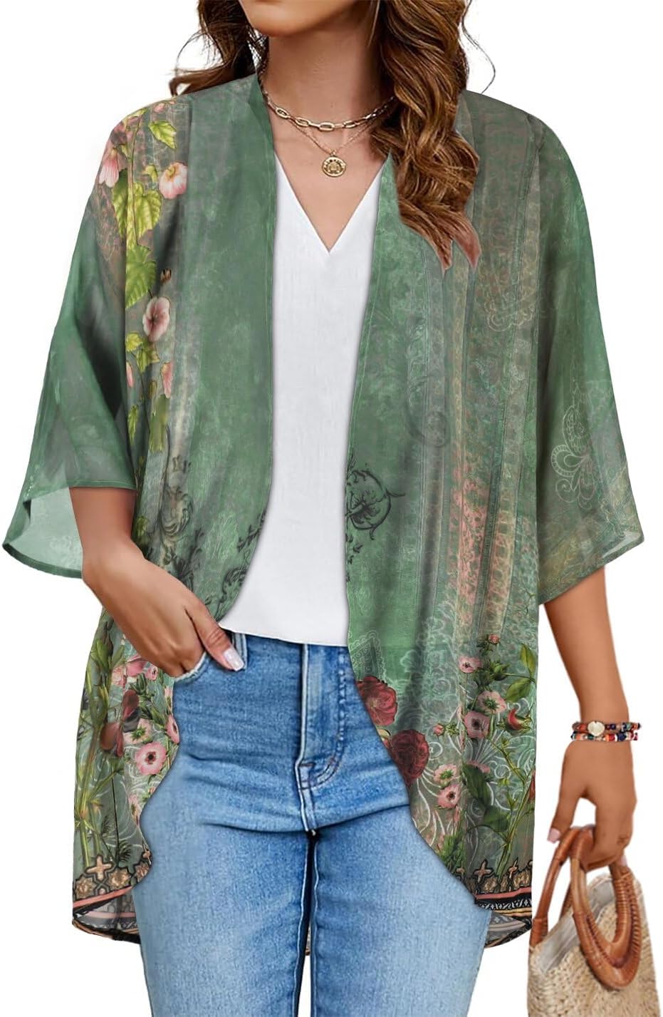 Women's Floral Print Puff Sleeve Kimono Cardigan Loose Cover Up Casual Blouse Tops