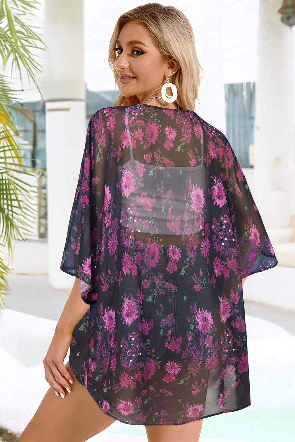 Women's Floral Print Puff Sleeve Kimono Cardigan Loose Cover Up Casual Blouse Tops