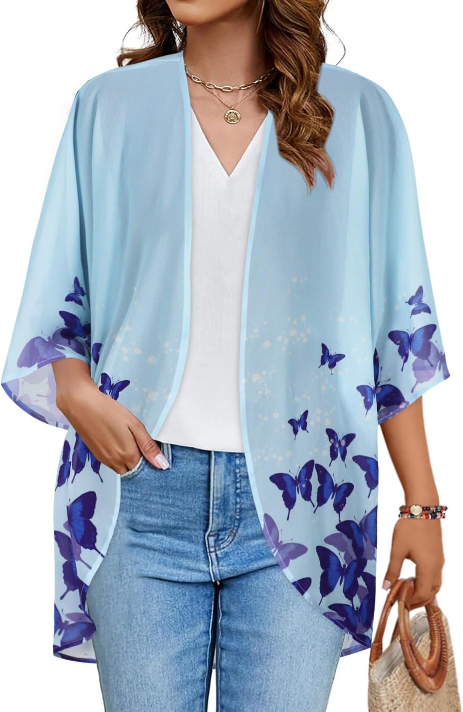 Women's Floral Print Puff Sleeve Kimono Cardigan Loose Cover Up Casual Blouse Tops