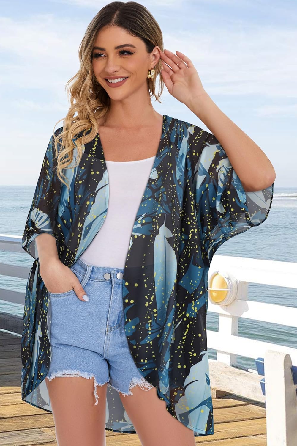 Women's Floral Print Puff Sleeve Kimono Cardigan Loose Cover Up Casual Blouse Tops