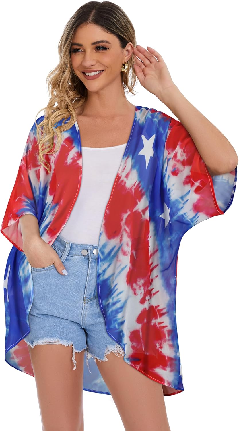 Women's Floral Print Puff Sleeve Kimono Cardigan Loose Cover Up Casual Blouse Tops