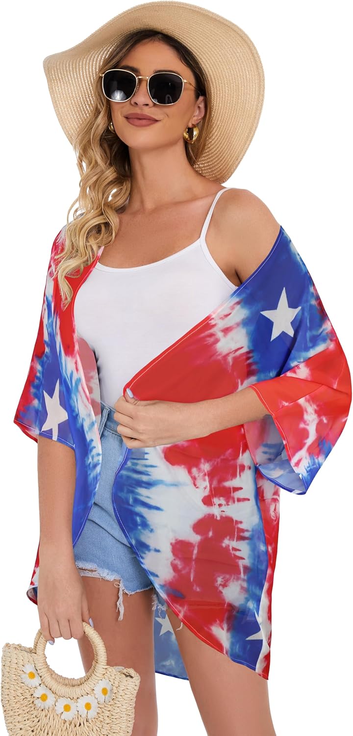 Women's Floral Print Puff Sleeve Kimono Cardigan Loose Cover Up Casual Blouse Tops