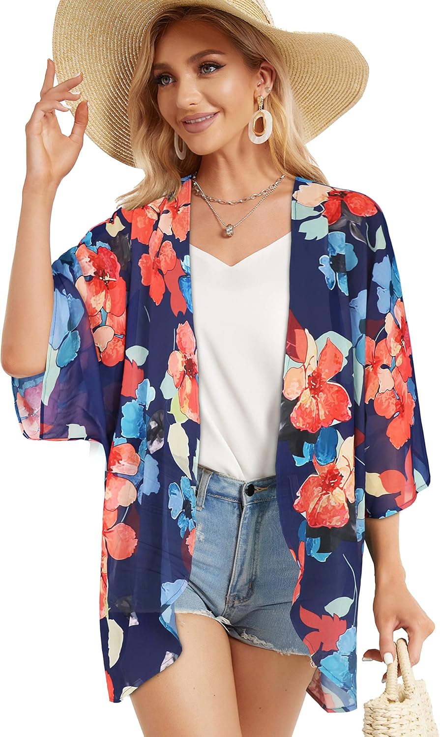 Women's Floral Print Puff Sleeve Kimono Cardigan Loose Cover Up Casual Blouse Tops
