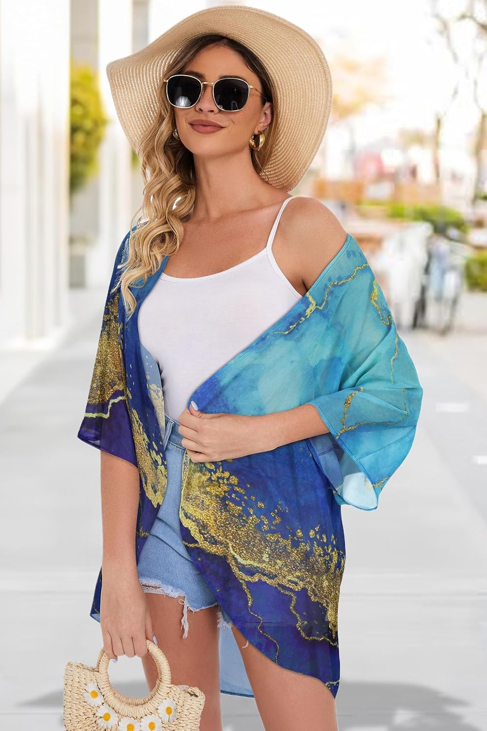 Women's Floral Print Puff Sleeve Kimono Cardigan Loose Cover Up Casual Blouse Tops