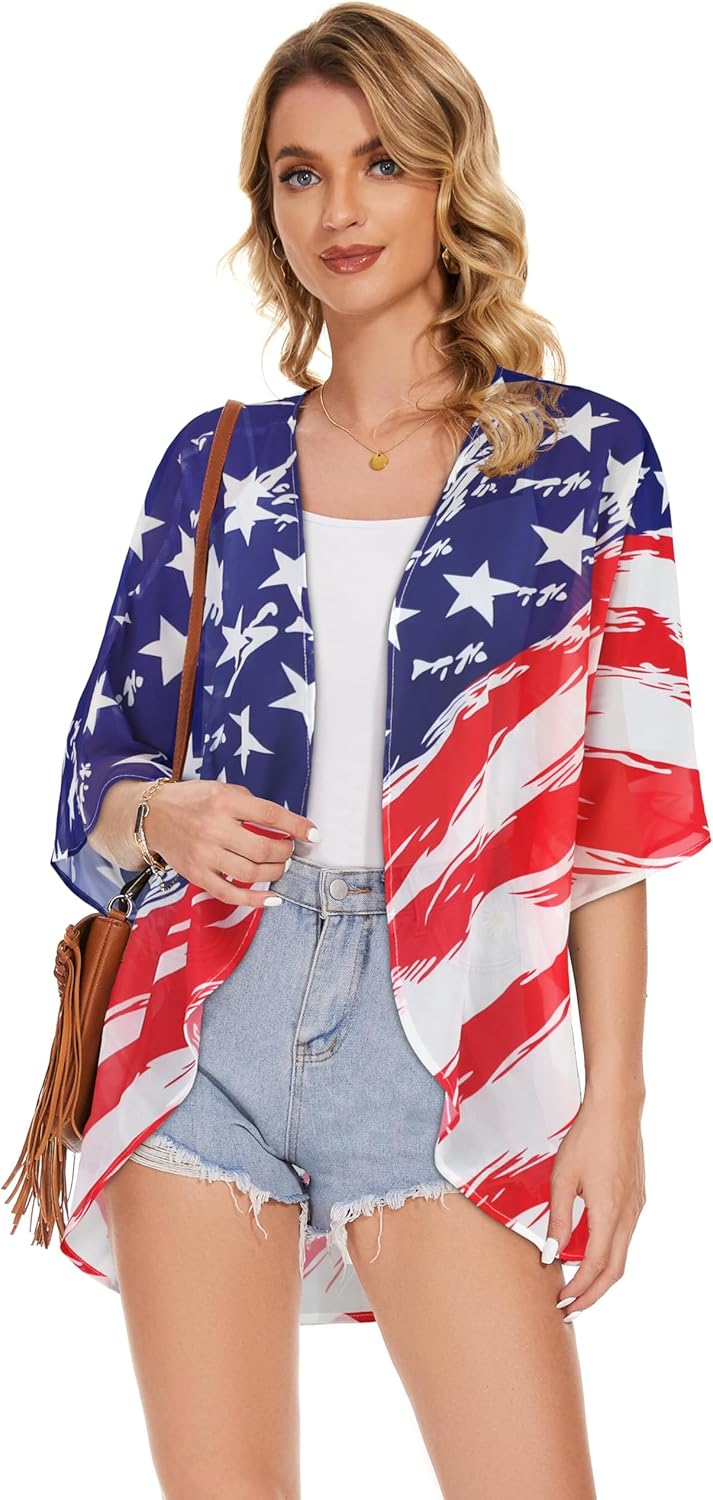 Women's Floral Print Puff Sleeve Kimono Cardigan Loose Cover Up Casual Blouse Tops