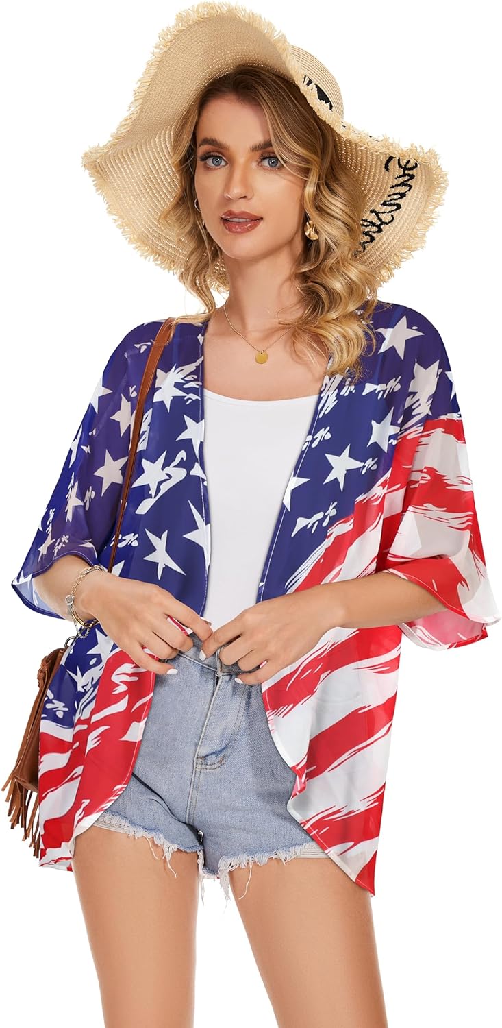 Women's Floral Print Puff Sleeve Kimono Cardigan Loose Cover Up Casual Blouse Tops