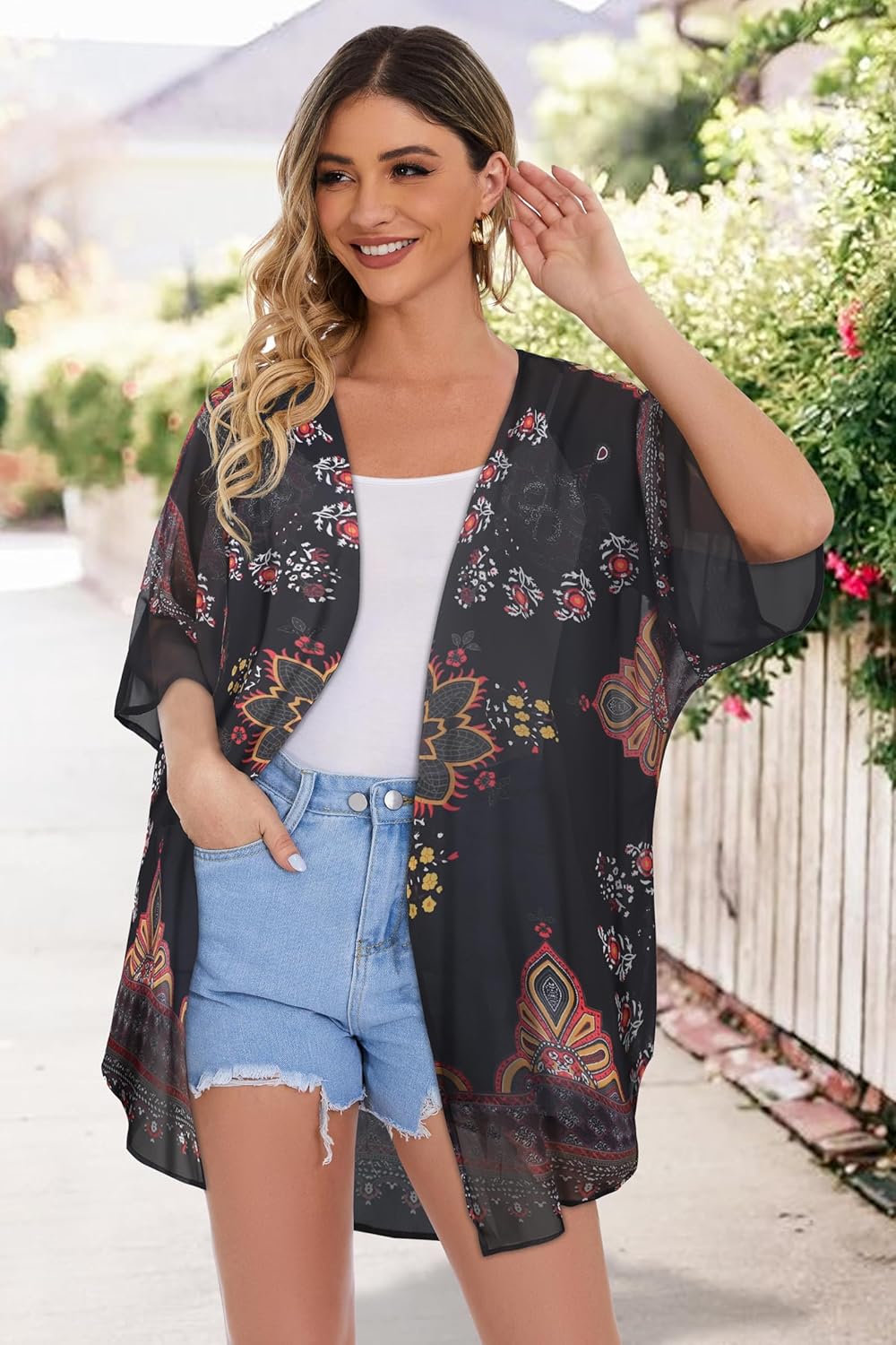 Women's Floral Print Puff Sleeve Kimono Cardigan Loose Cover Up Casual Blouse Tops
