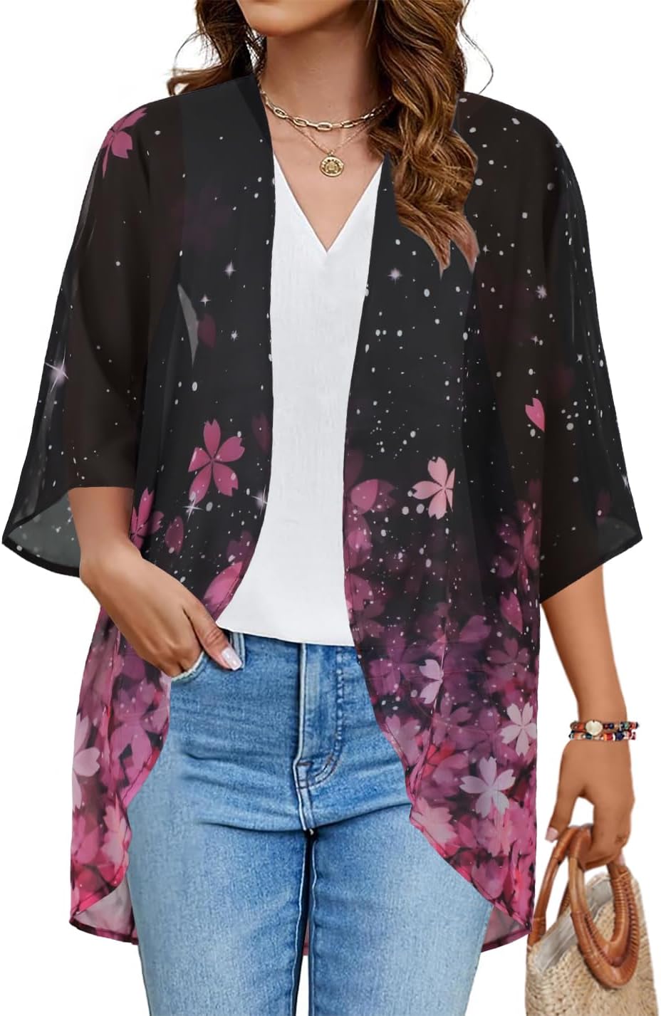 Women's Floral Print Puff Sleeve Kimono Cardigan Loose Cover Up Casual Blouse Tops