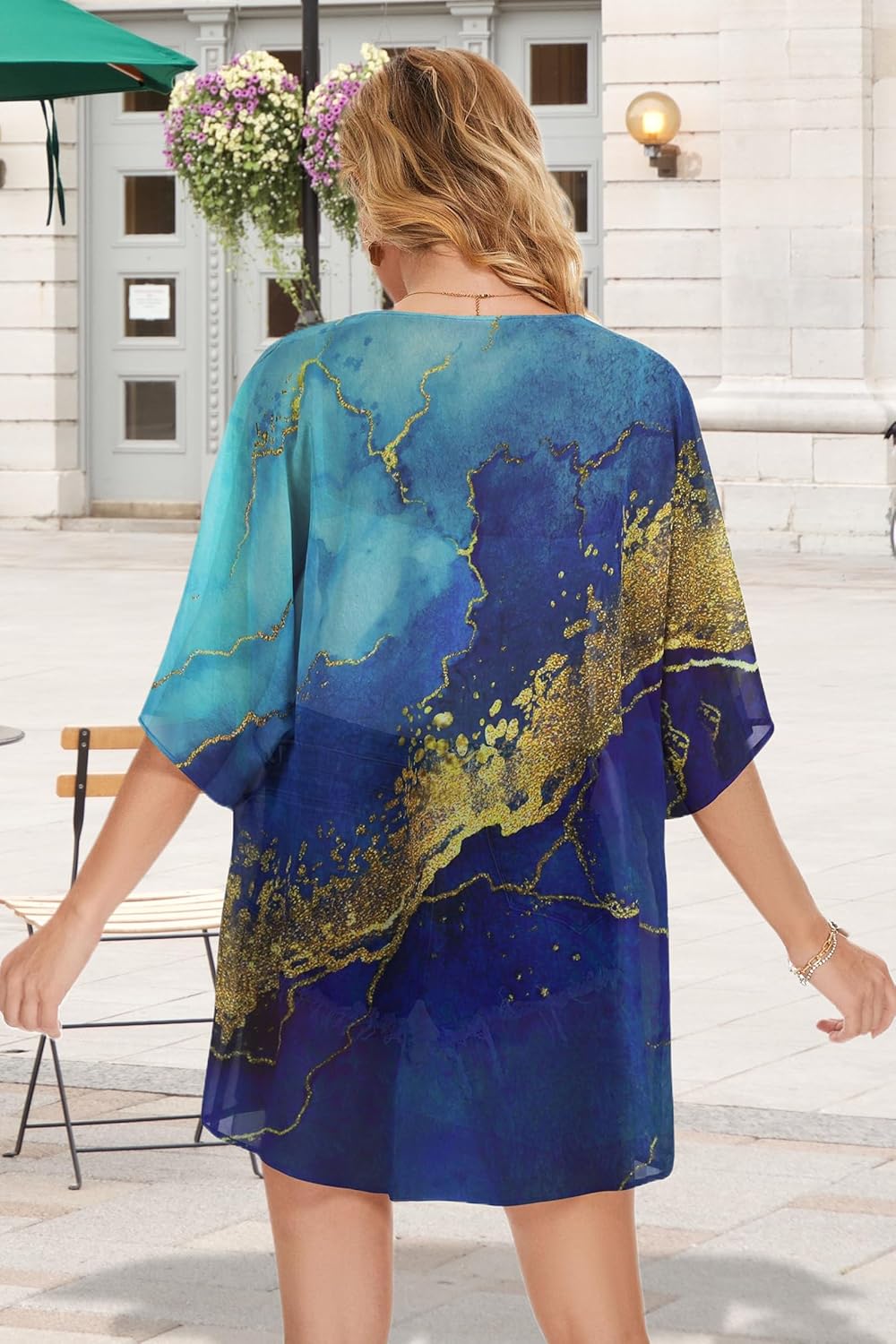 Women's Floral Print Puff Sleeve Kimono Cardigan Loose Cover Up Casual Blouse Tops