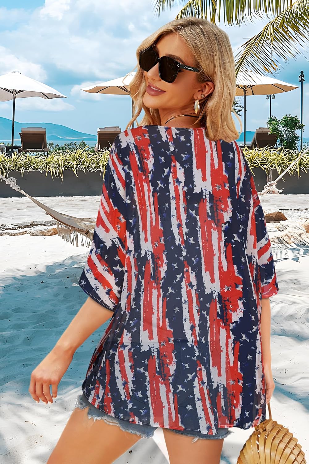 Women's Floral Print Puff Sleeve Kimono Cardigan Loose Cover Up Casual Blouse Tops