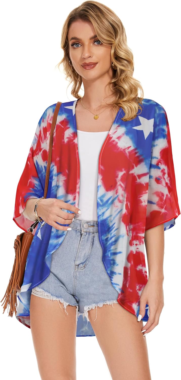 Women's Floral Print Puff Sleeve Kimono Cardigan Loose Cover Up Casual Blouse Tops