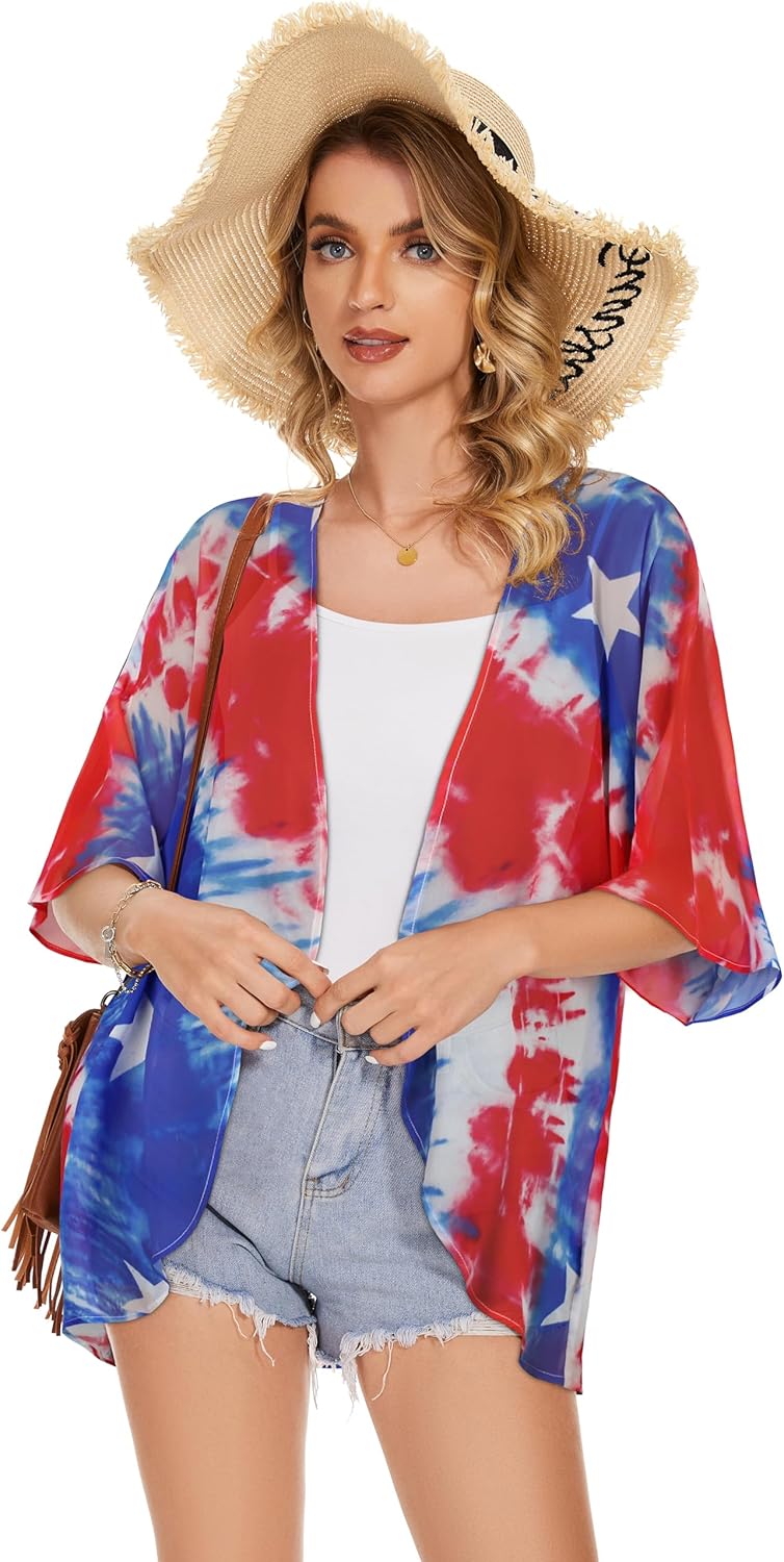 Women's Floral Print Puff Sleeve Kimono Cardigan Loose Cover Up Casual Blouse Tops