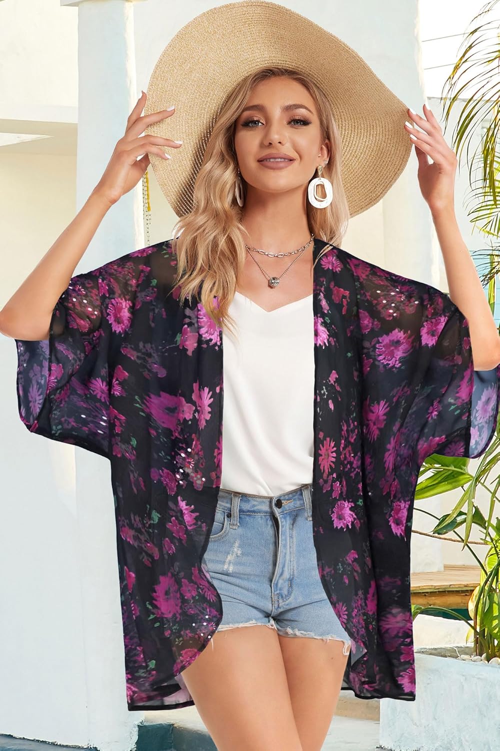 Women's Floral Print Puff Sleeve Kimono Cardigan Loose Cover Up Casual Blouse Tops