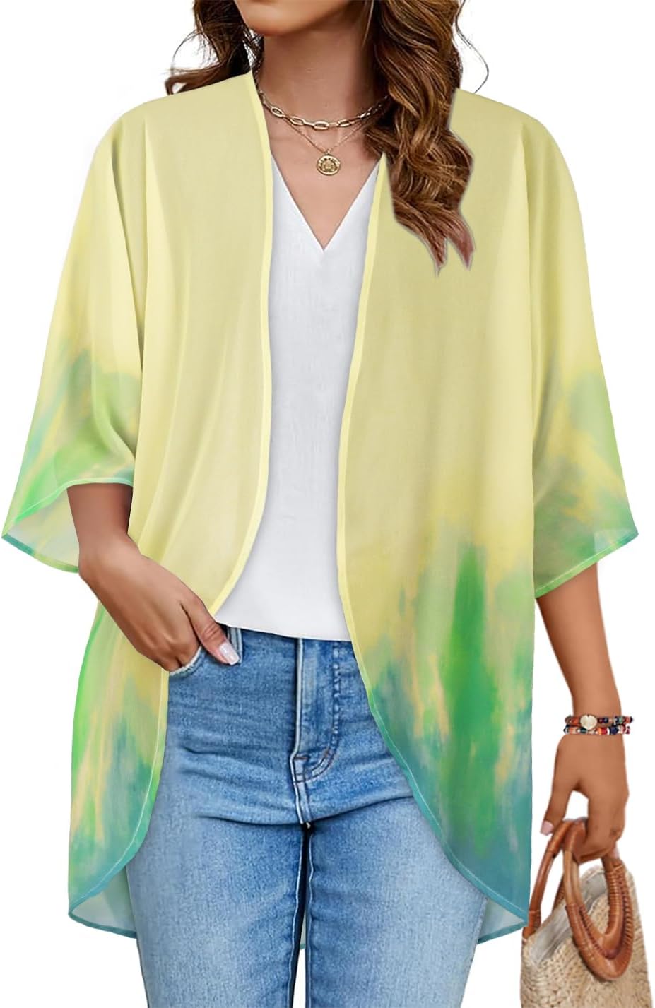 Women's Floral Print Puff Sleeve Kimono Cardigan Loose Cover Up Casual Blouse Tops