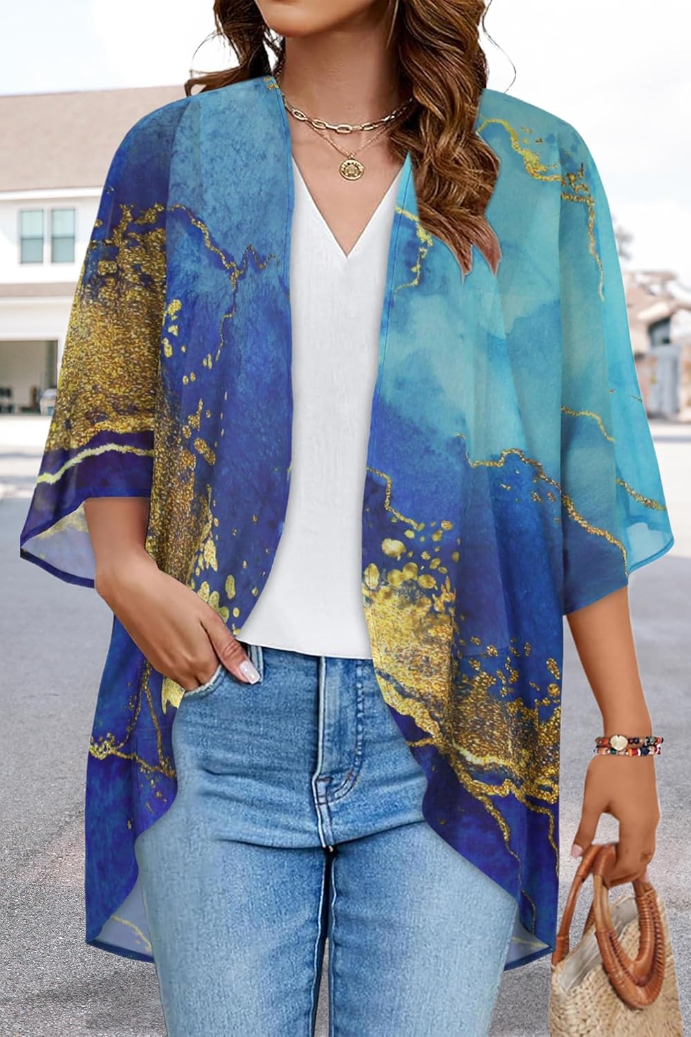 Women's Floral Print Puff Sleeve Kimono Cardigan Loose Cover Up Casual Blouse Tops