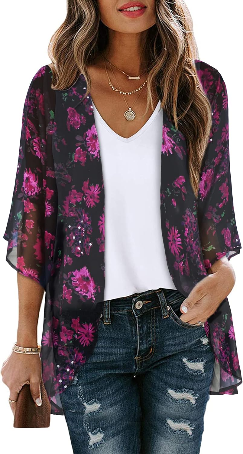 Women's Floral Print Puff Sleeve Kimono Cardigan Loose Cover Up Casual Blouse Tops