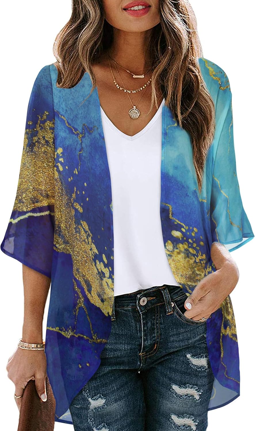 Women's Floral Print Puff Sleeve Kimono Cardigan Loose Cover Up Casual Blouse Tops