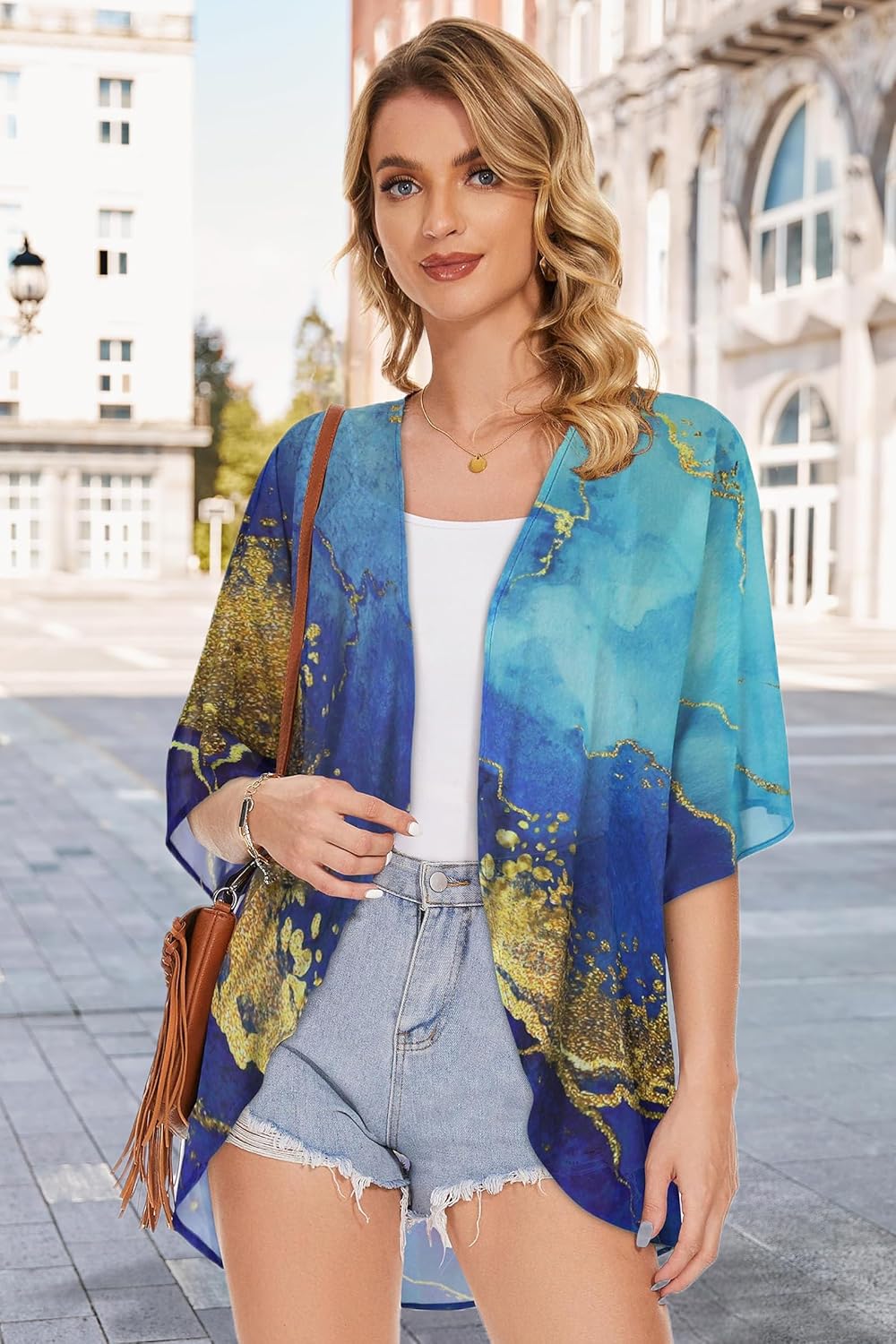 Women's Floral Print Puff Sleeve Kimono Cardigan Loose Cover Up Casual Blouse Tops