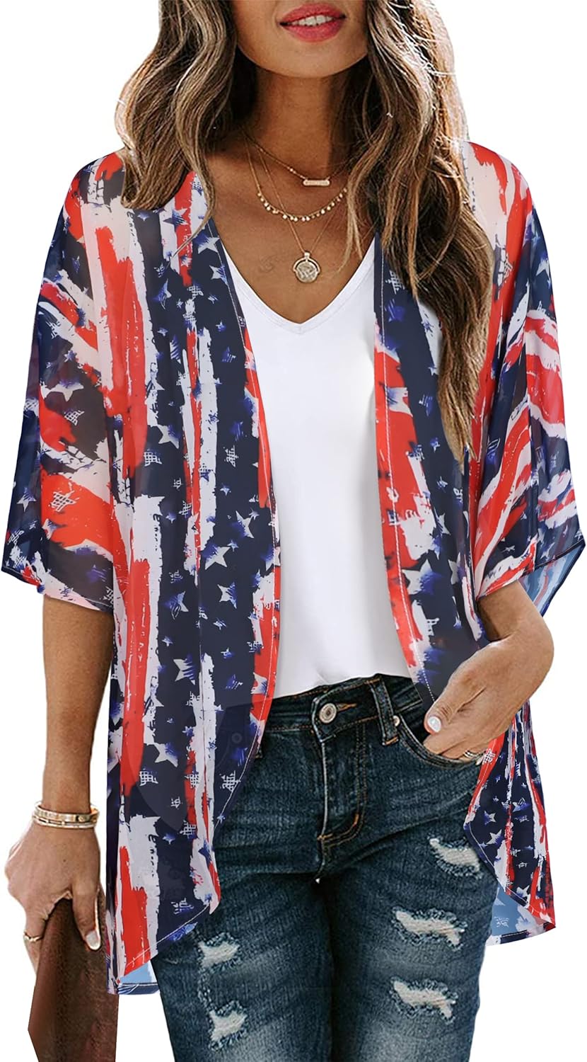 Women's Floral Print Puff Sleeve Kimono Cardigan Loose Cover Up Casual Blouse Tops