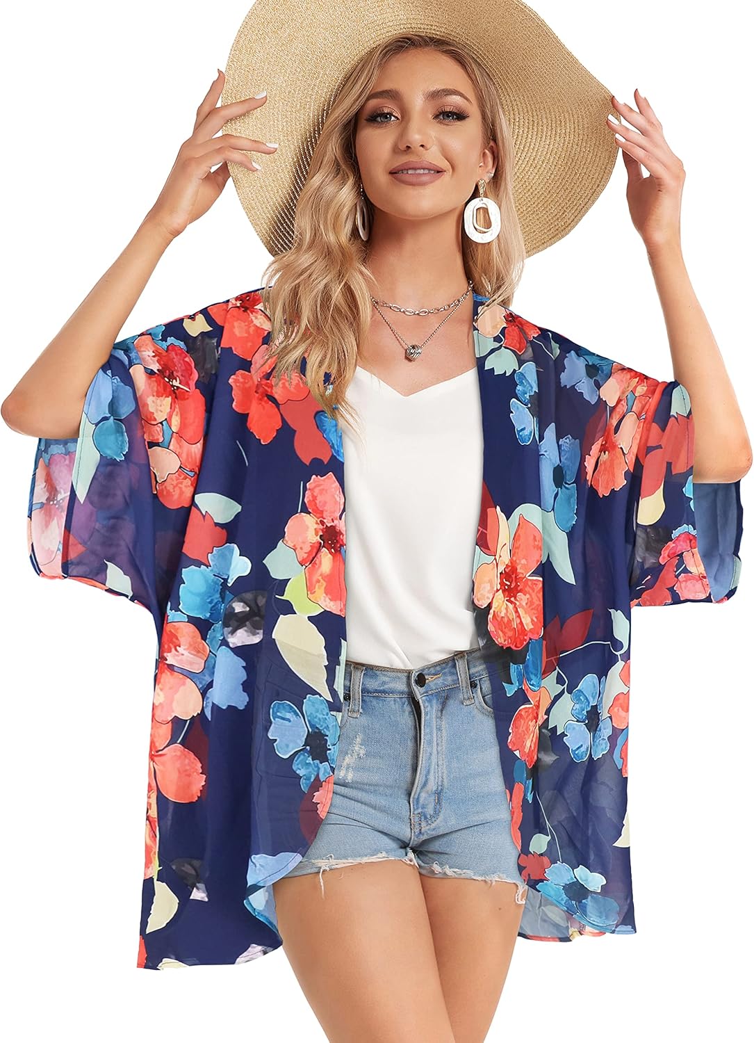 Women's Floral Print Puff Sleeve Kimono Cardigan Loose Cover Up Casual Blouse Tops