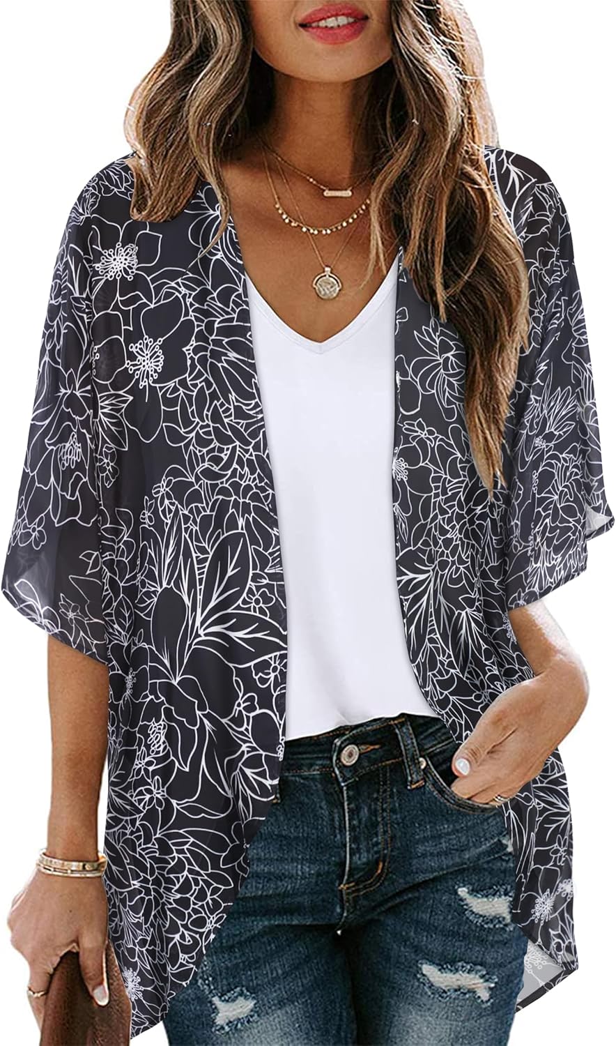 Women's Floral Print Puff Sleeve Kimono Cardigan Loose Cover Up Casual Blouse Tops