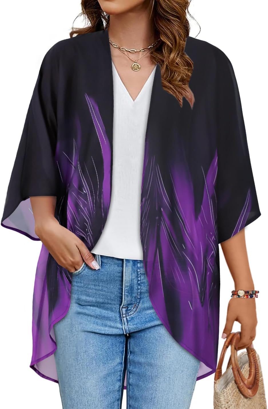 Women's Floral Print Puff Sleeve Kimono Cardigan Loose Cover Up Casual Blouse Tops