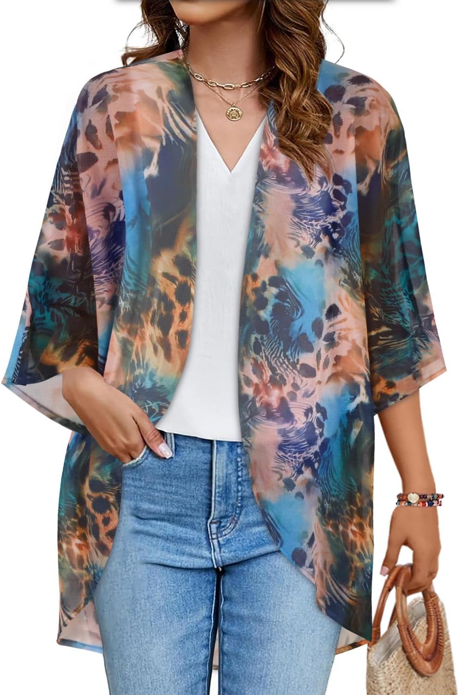 Women's Floral Print Puff Sleeve Kimono Cardigan Loose Cover Up Casual Blouse Tops
