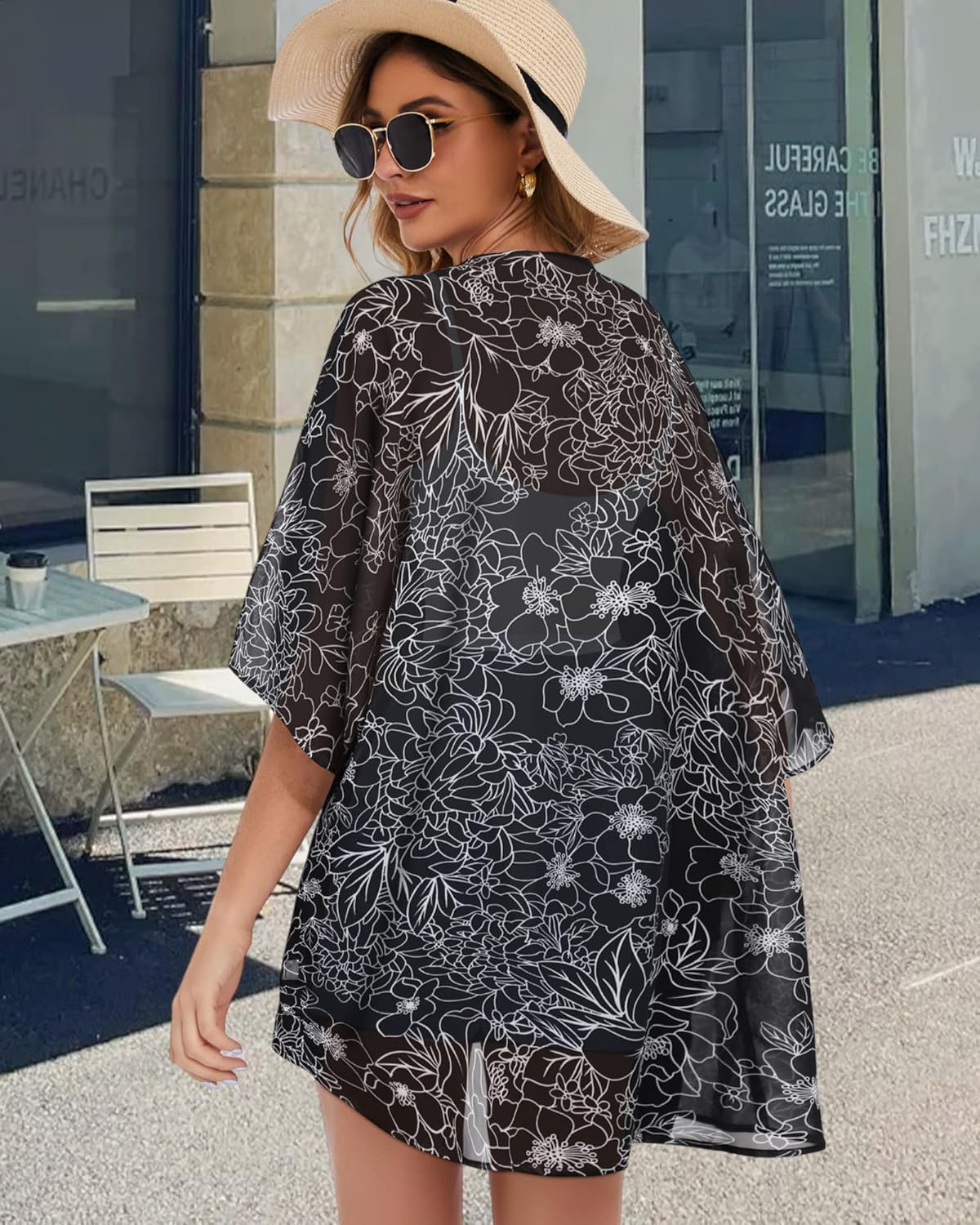 Women's Floral Print Puff Sleeve Kimono Cardigan Loose Cover Up Casual Blouse Tops