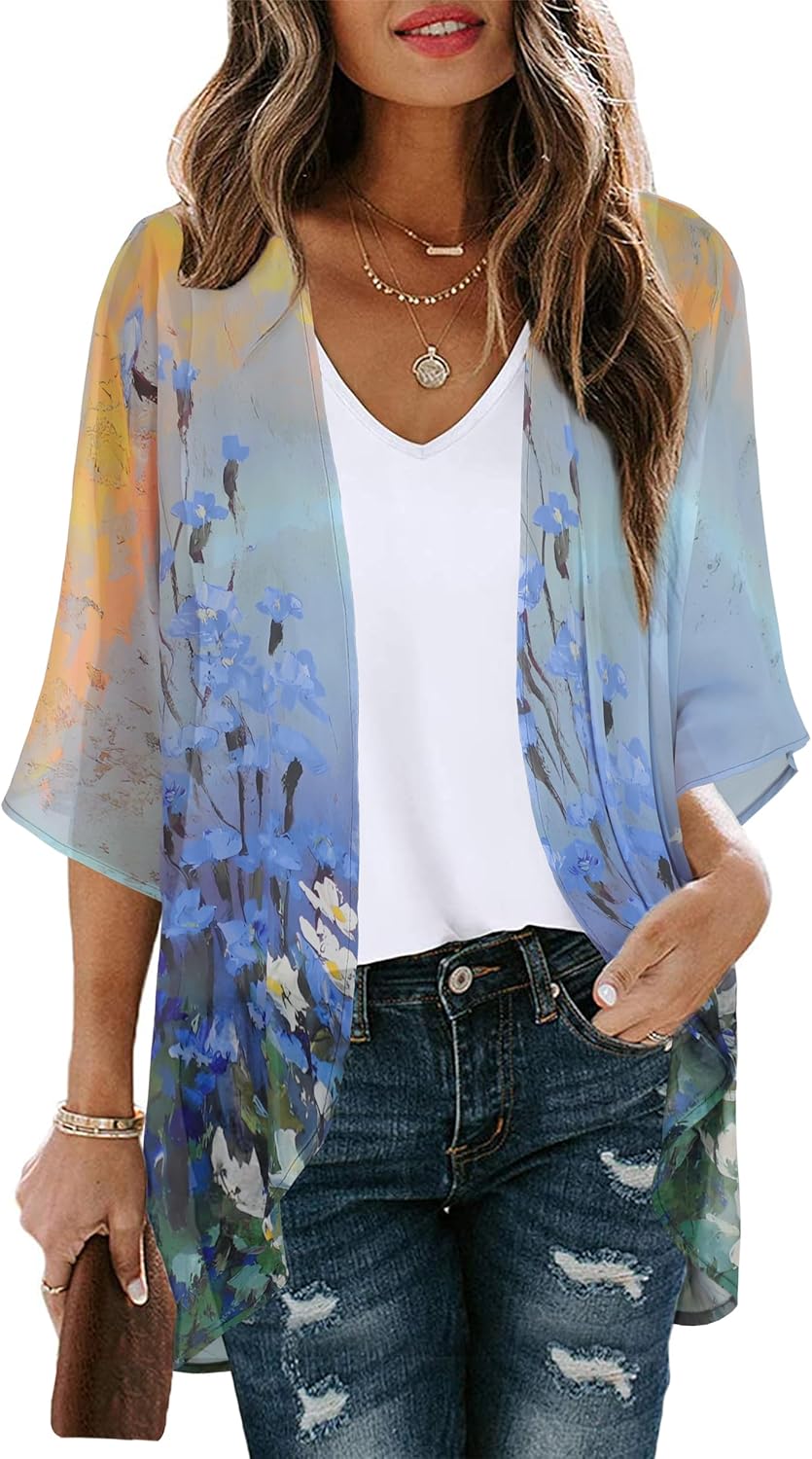 Women's Floral Print Puff Sleeve Kimono Cardigan Loose Cover Up Casual Blouse Tops