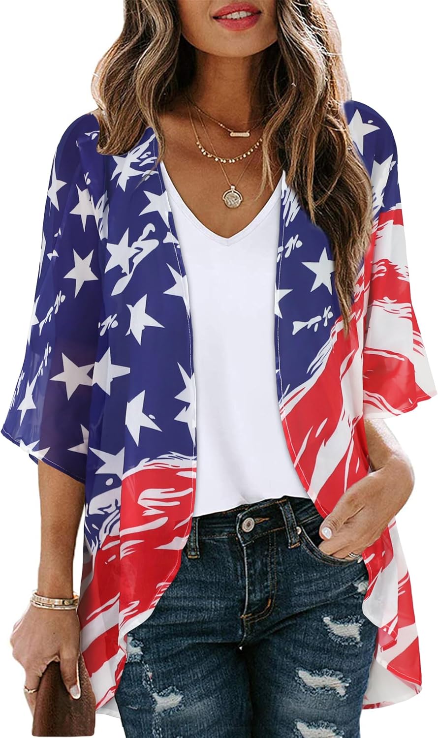 Women's Floral Print Puff Sleeve Kimono Cardigan Loose Cover Up Casual Blouse Tops