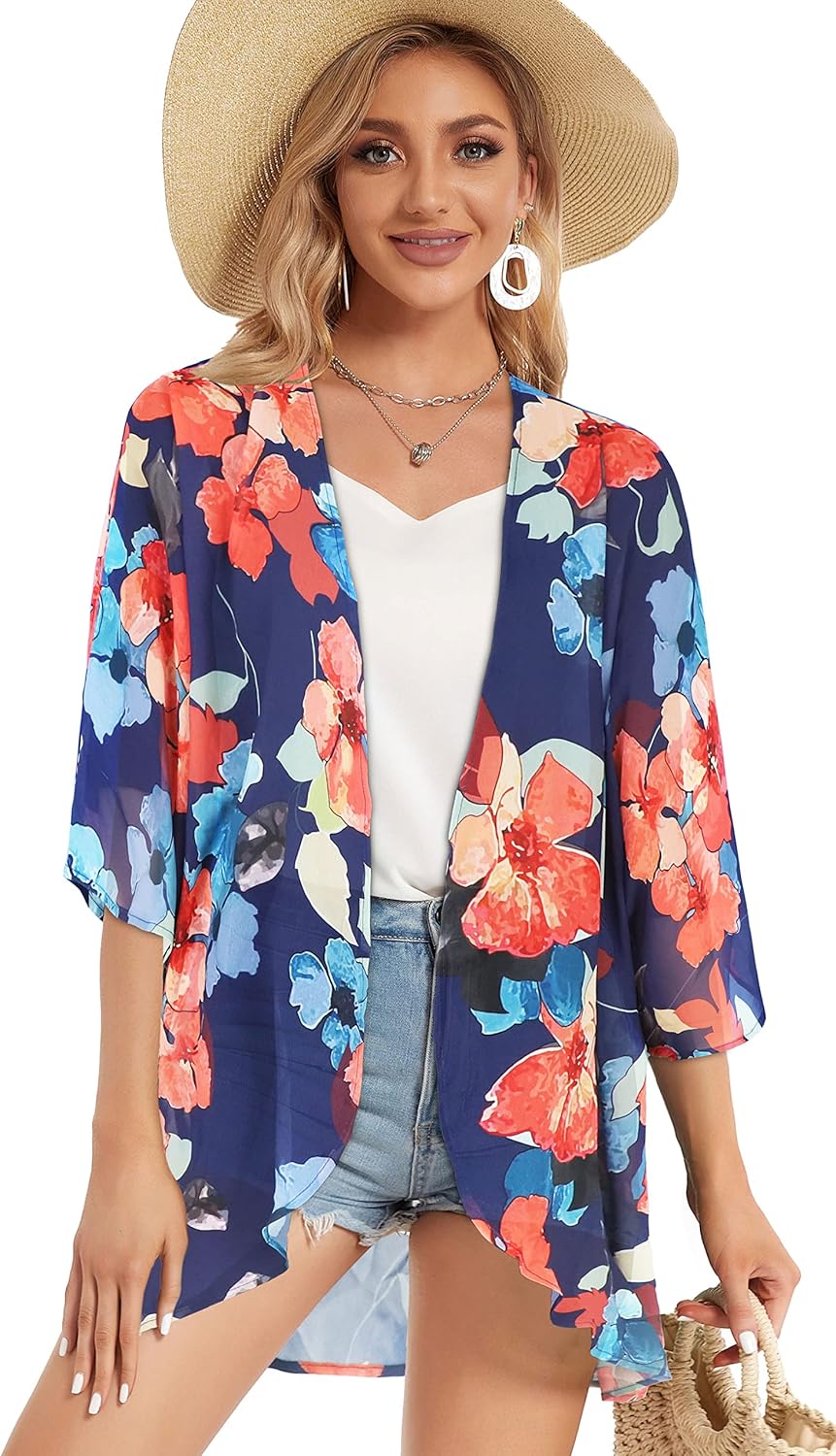 Women's Floral Print Puff Sleeve Kimono Cardigan Loose Cover Up Casual Blouse Tops