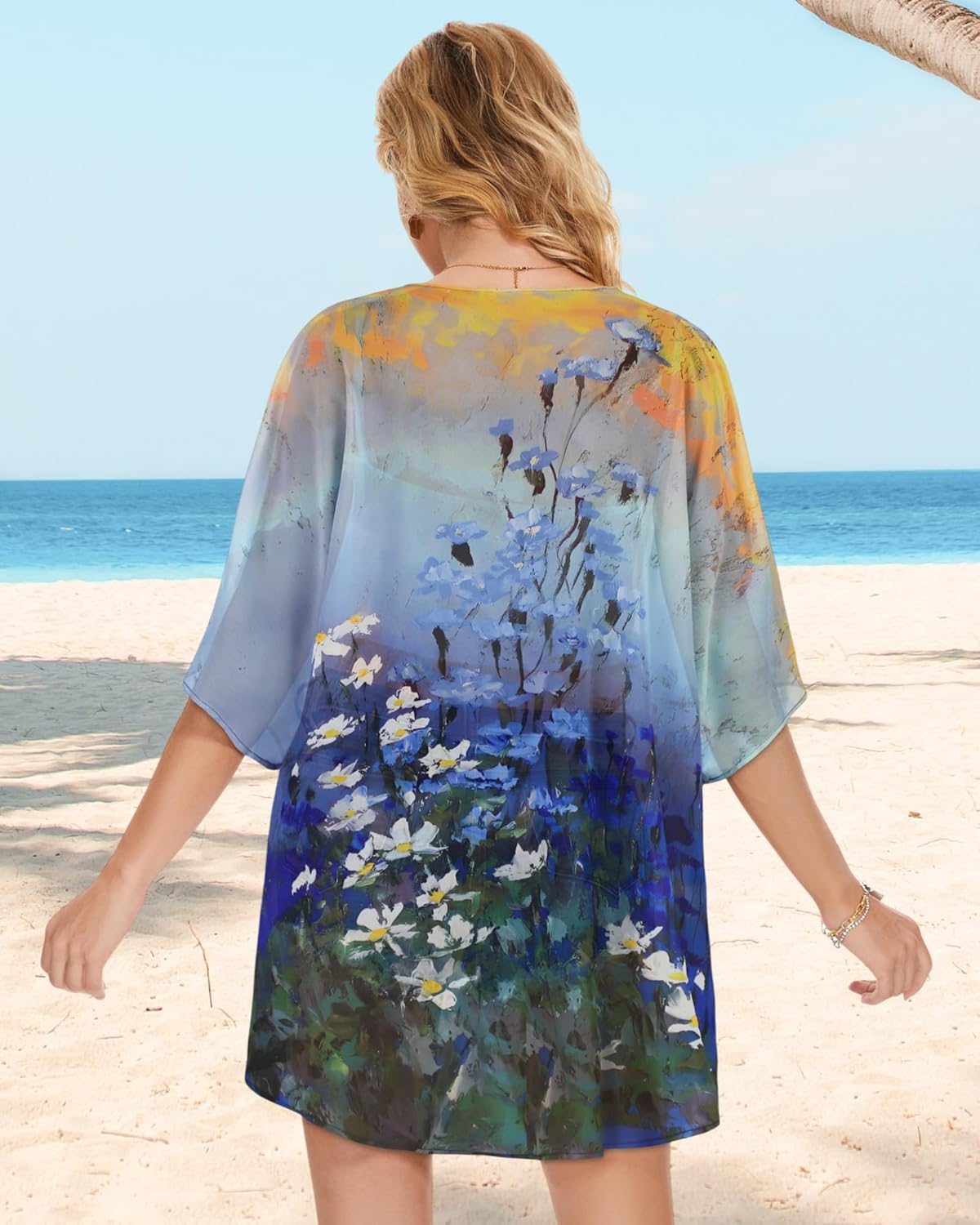 Women's Floral Print Puff Sleeve Kimono Cardigan Loose Cover Up Casual Blouse Tops