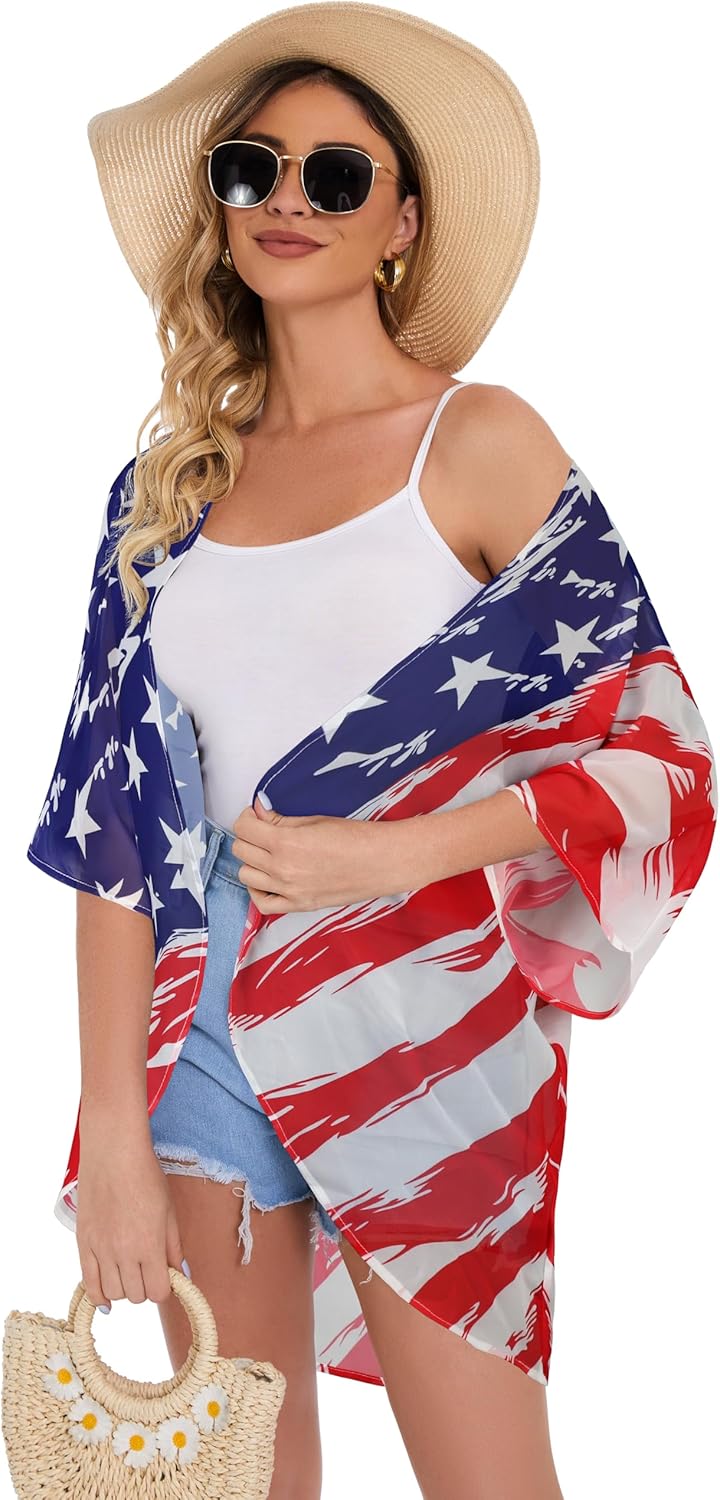 Women's Floral Print Puff Sleeve Kimono Cardigan Loose Cover Up Casual Blouse Tops