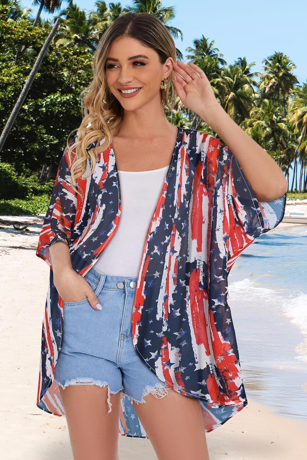 Women's Floral Print Puff Sleeve Kimono Cardigan Loose Cover Up Casual Blouse Tops