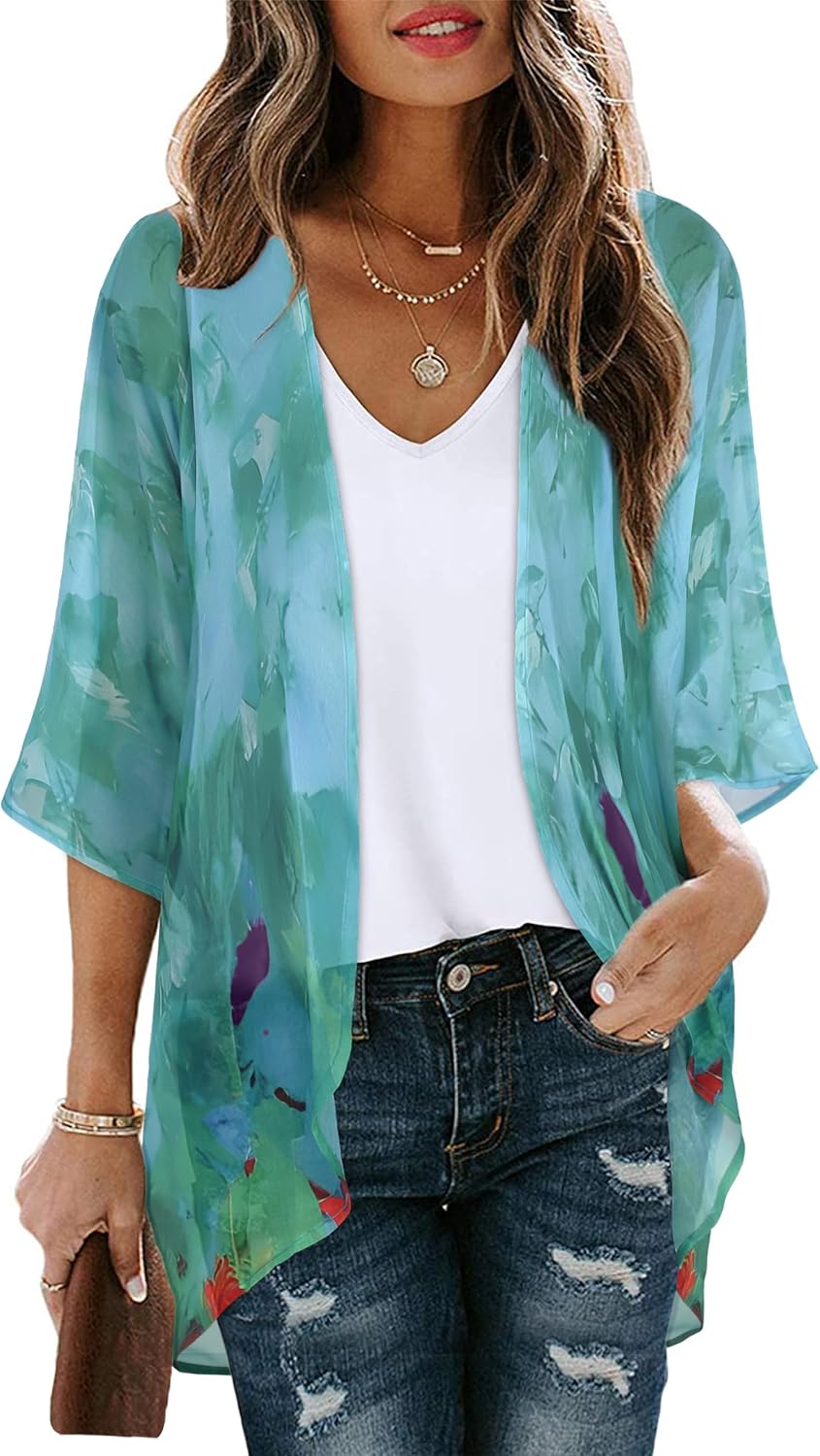 Women's Floral Print Puff Sleeve Kimono Cardigan Loose Cover Up Casual Blouse Tops